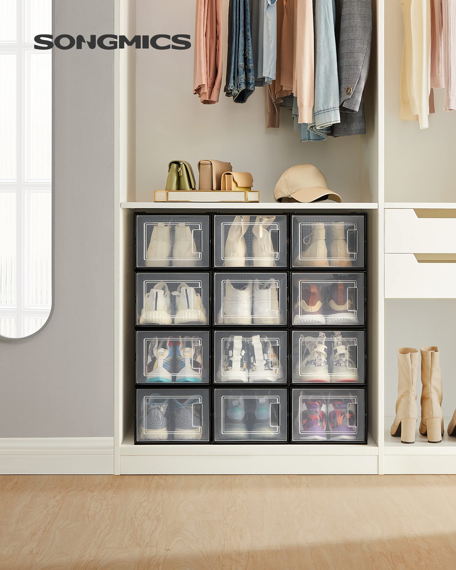 Songmics Shoe Boxes, Pack Of 12 Shoe Storage Organizers, Stackable Clear Plastic Boxes For Closet, Sneakers, 9.9 X 13.7 X 7.4 Inches, Fit Up To Us Size 13, Transparent And Black Ulsp007B12