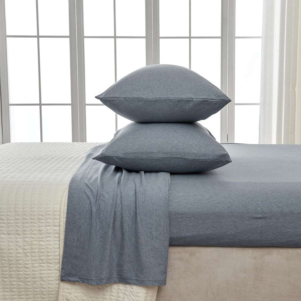 3 Piece Jersey Knit Twin Cotton Blend Blue Sheet Set | Ultra-Soft T-Shirt Jersey Bedding Sheets & Pillowcases | Heathered, Breat