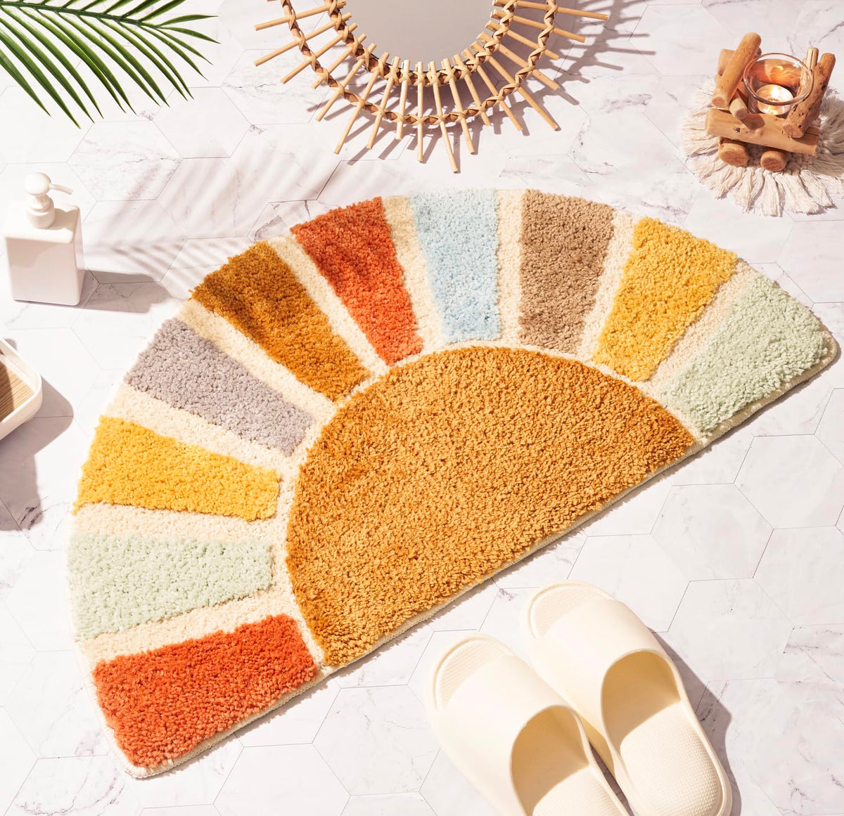 Dyefury Large 37inch X 20inch Sunrise Boho Bathroom Rugs,Half Circle Bath Mat Cute,Sun Bath Mats,Retro Bohemian Half Round Home Bathro