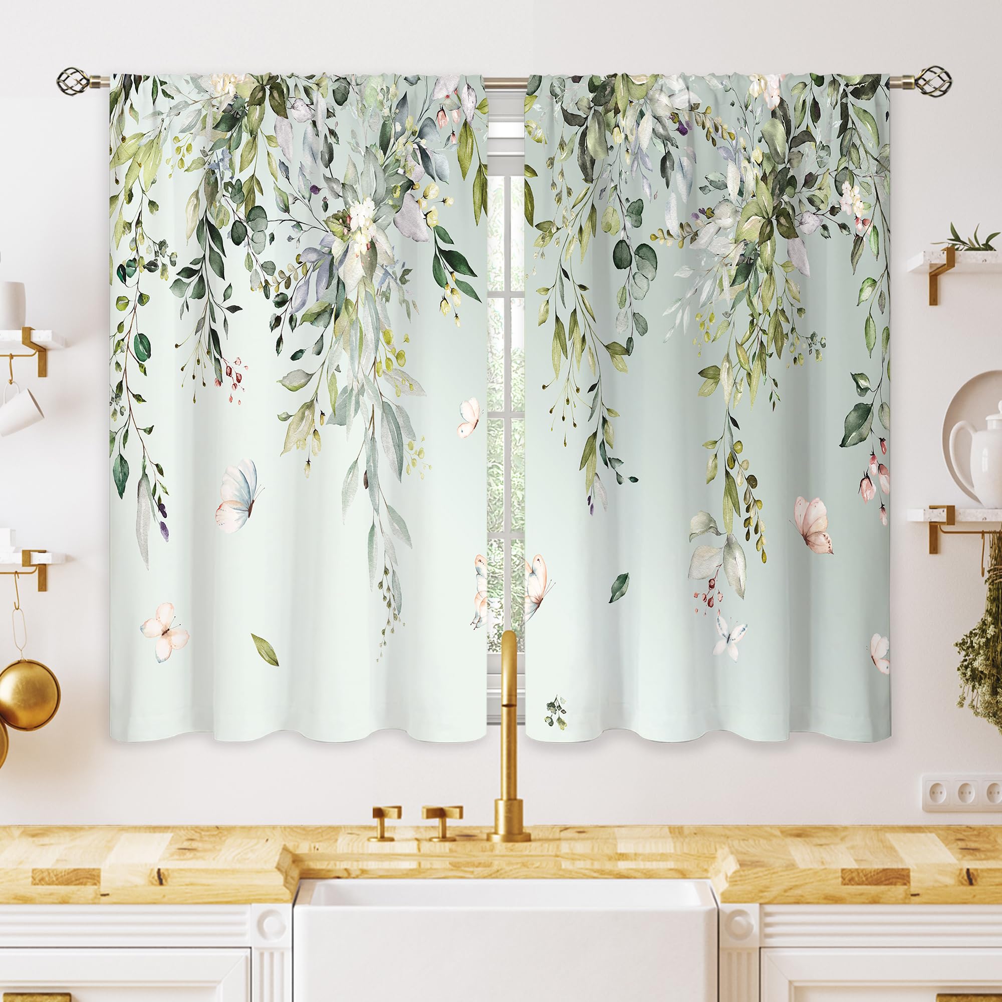 Oolygoo Eucalyptus Botanical Leaves Floral Kitchen Window Curtains Butterfly Farmhouse Flower Leaf Small Window Treatment Sage G
