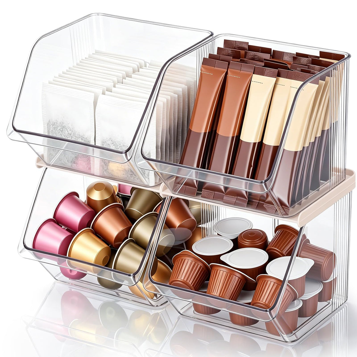 Ferrochef 4 Pcs Stackable Plastic Storage Bins, Open Front, Clear