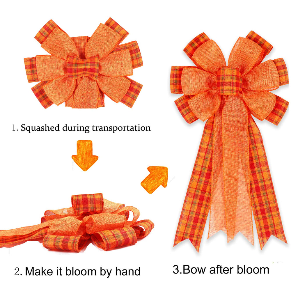 2 Pack Fall Bows For Wreaths Decorations For Home, Halloween Tree Topper Bow, Thanksgiving Bow With Orange Buffalo Plaid Burlap