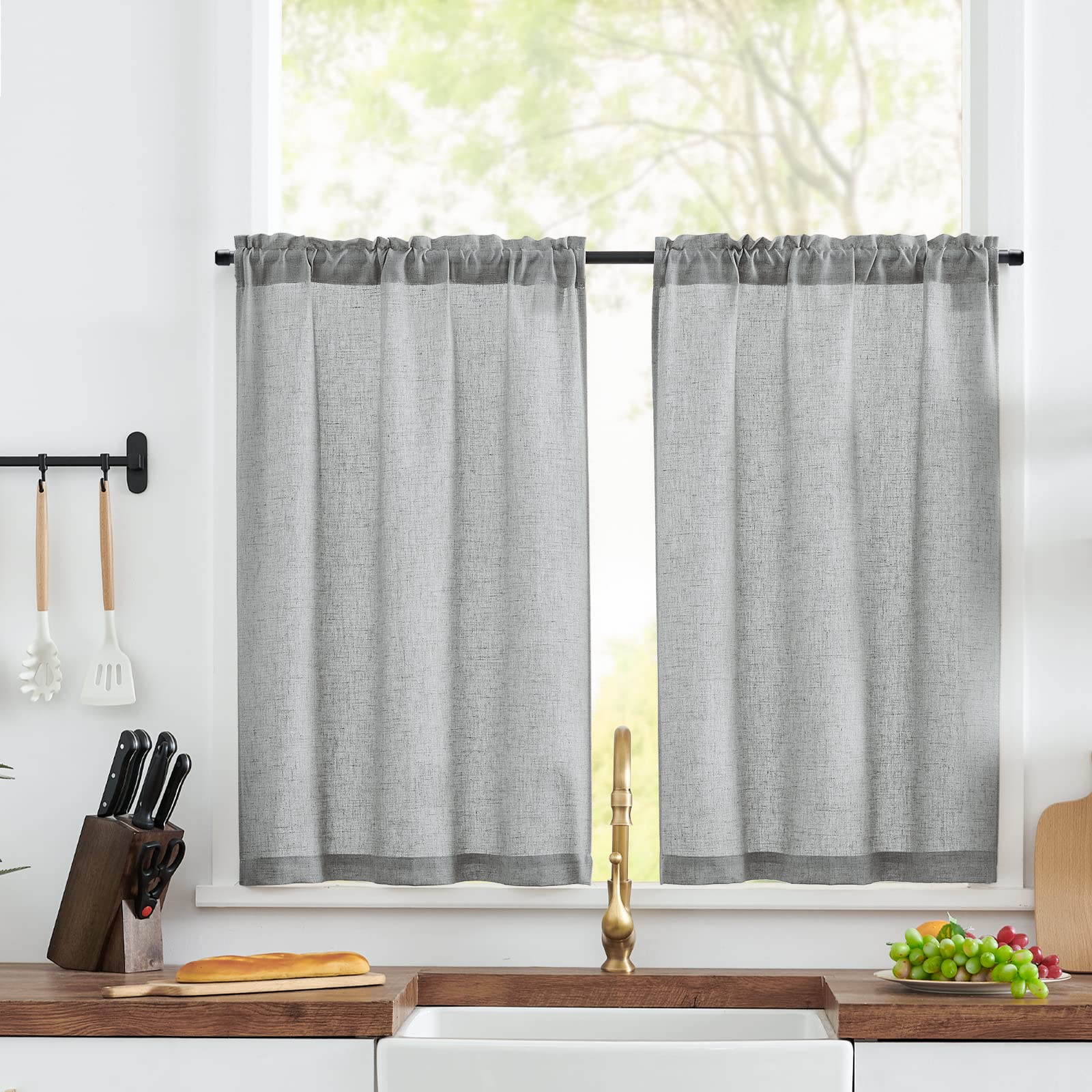 Jinchan Grey Kitchen Curtains Linen Tier Curtains 24 Inch Farmhouse Cafe Curtains Country Small Window Curtains Rustic Rod Pocke