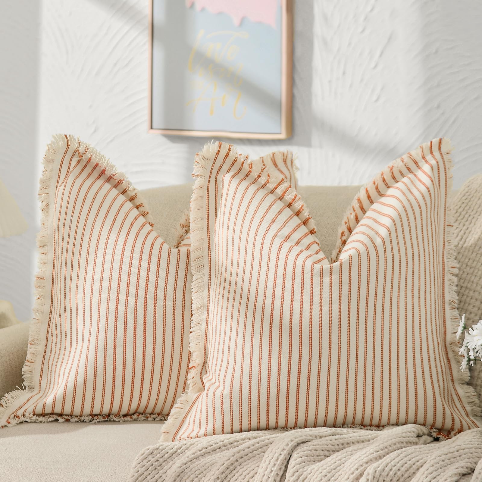 Zwjd Throw Pillow Covers 18X18Set Of 2 Striped Pillow Covers With Fringe Chic Cotton Decorative Pillows Square Cushion Covers Fo