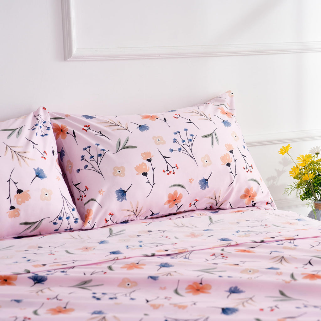 Pink Queen Sheets Set Flower Bed Sheets 4 Piece - Pink Botanical Patterned Sheets Microfiber Bedding Decor - Breathable & Durable Queen Sheet Set Up To16 Inches Deep Pocket Queen Bed Sheets