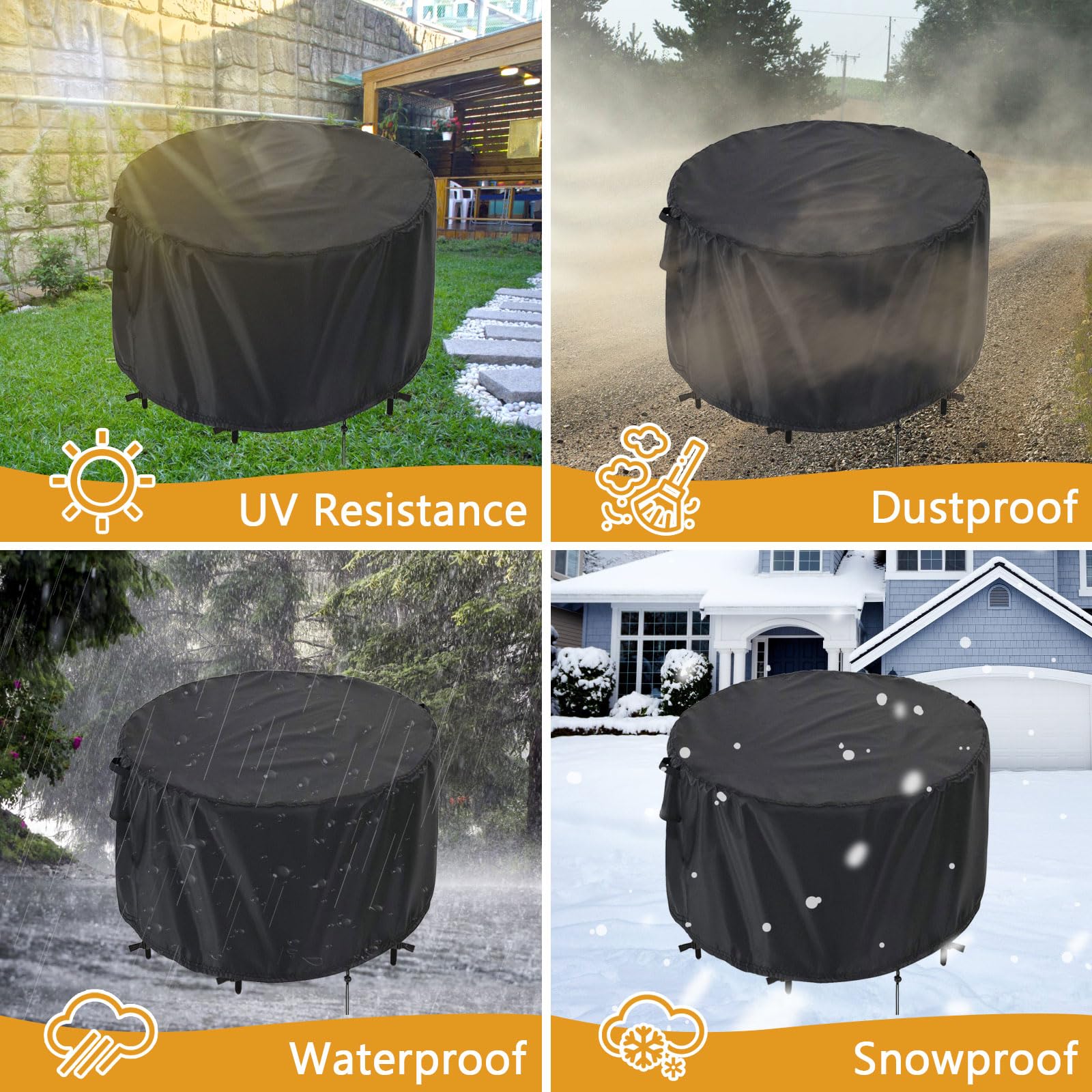 Kingling Patio Furniture Covers, Round Patio Table Cover For Outdoor Furniture, Heavy Duty Waterproof Patio Table And Chair Set Cover Black - 48''D X27''H