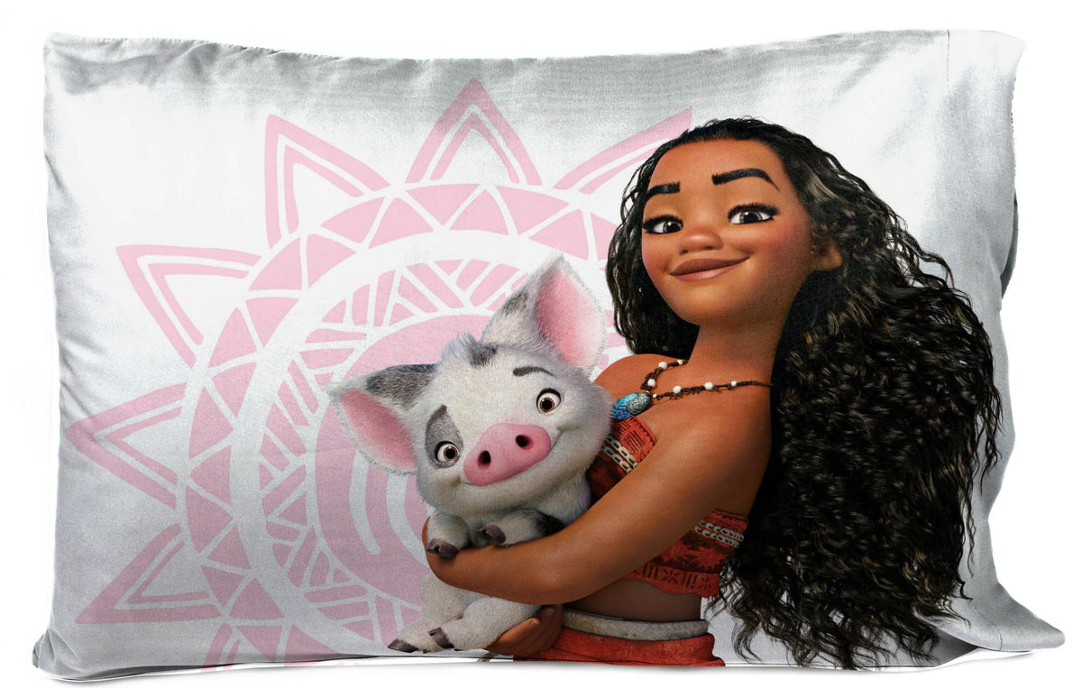 Jay Franco Disney Moana 1 Pack Reversible Pillowcase - Tropical Patchwork Double Sided Pillow Cover - Features Pua, Kids Super S