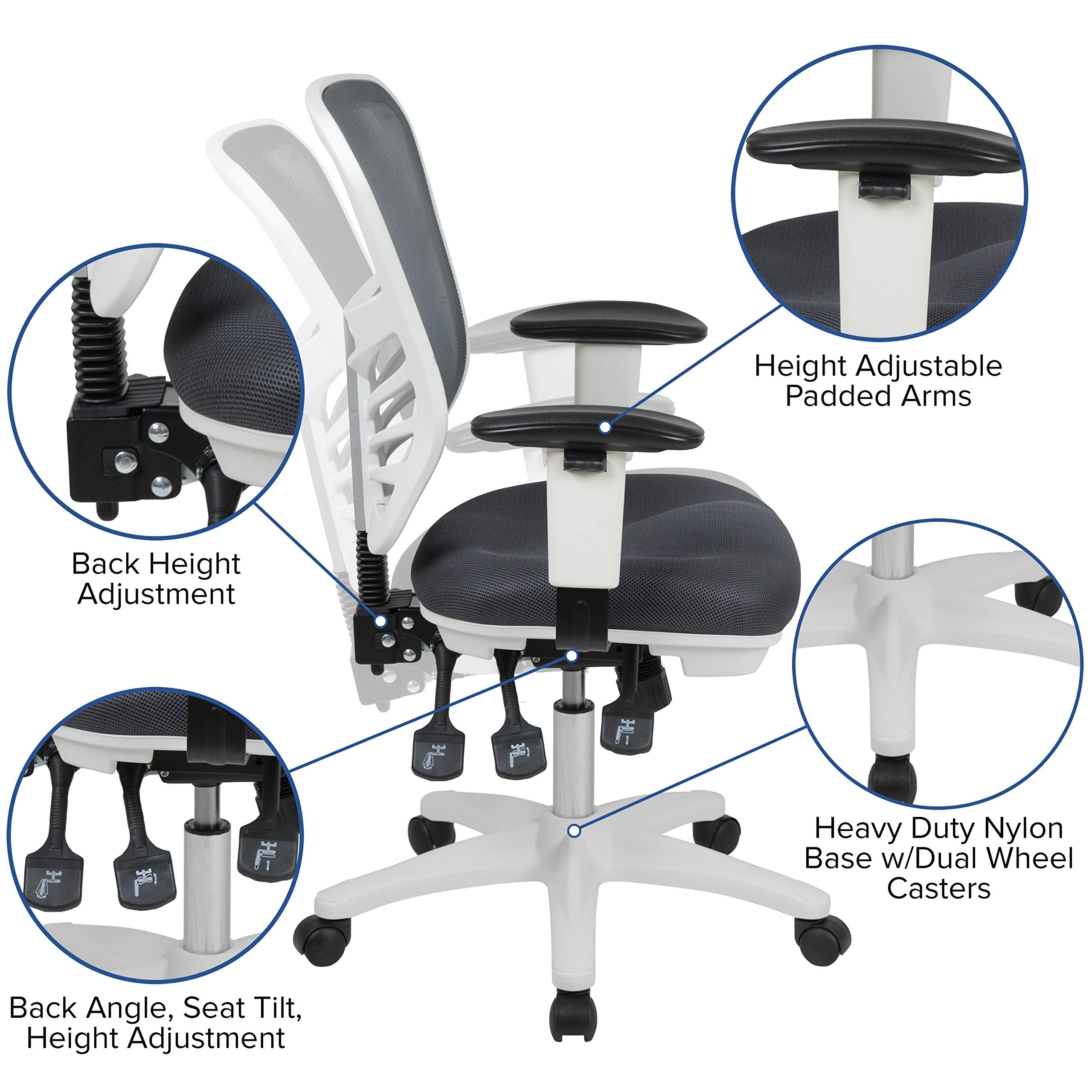Flash Furniture Nicholas Mid-Back Swivel Office And Gaming Chair, Ergonomic Mesh Office Chair With Adjustable Lumbar Support And Height, Gray/White