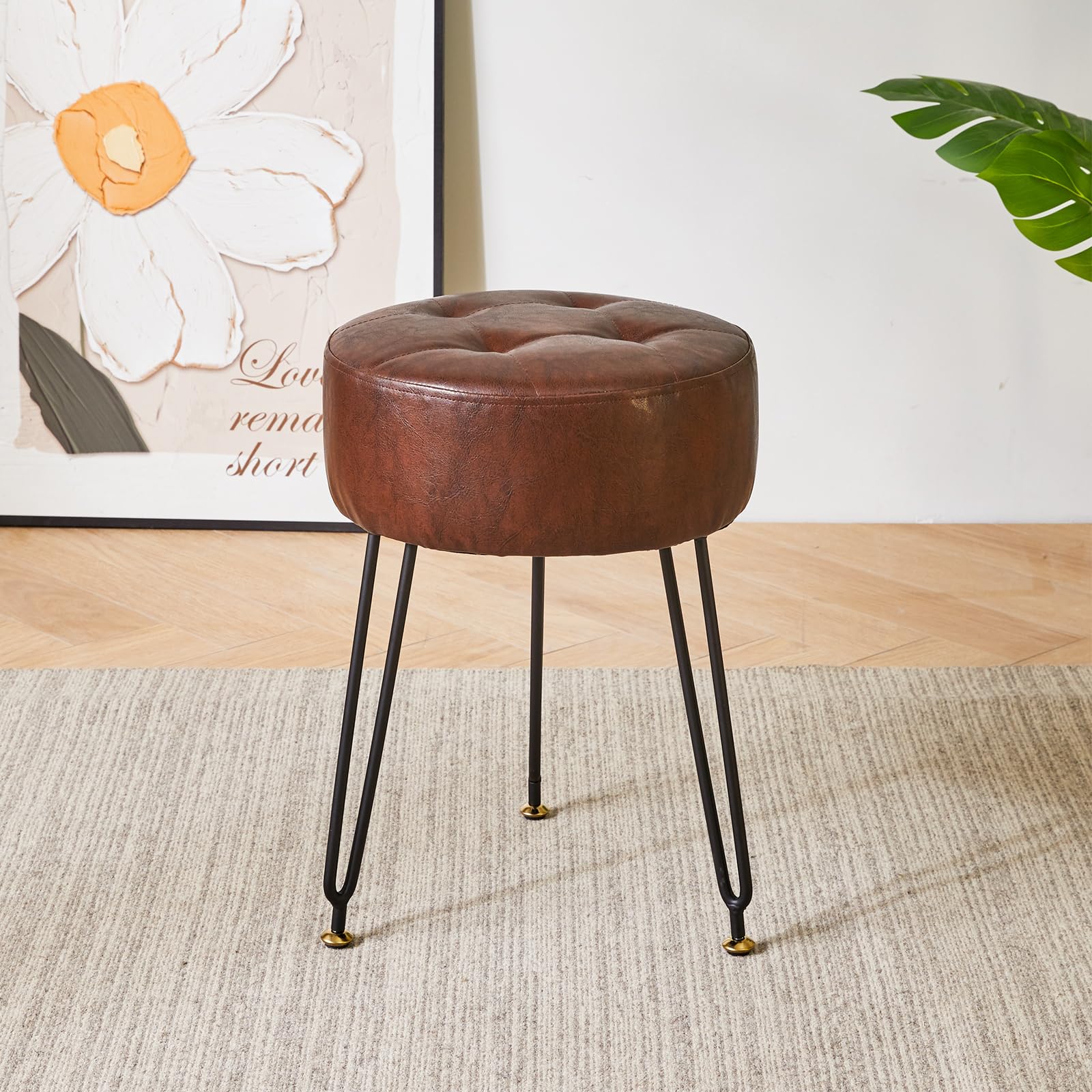 Ibuyke Faux Leather Round Footrest Stool, Makeup Vanity Stool Side Table, Pu Dressing Table Seat, Pouf Couch Stool, Golden Steel Legs, Dark Brown Lg-31Z