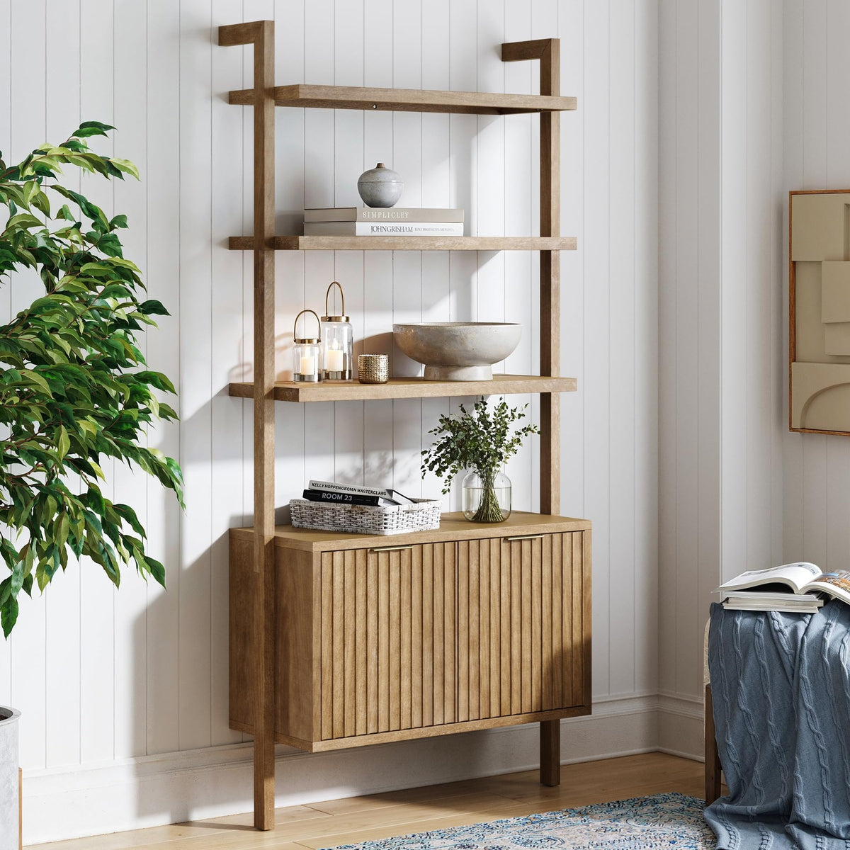 Nathan James Jasper 3Shelf Solid Wood Boho Bookshelf, Wall Mounted Bookshelf with Cabinet with Fluted Doors, Light Brown