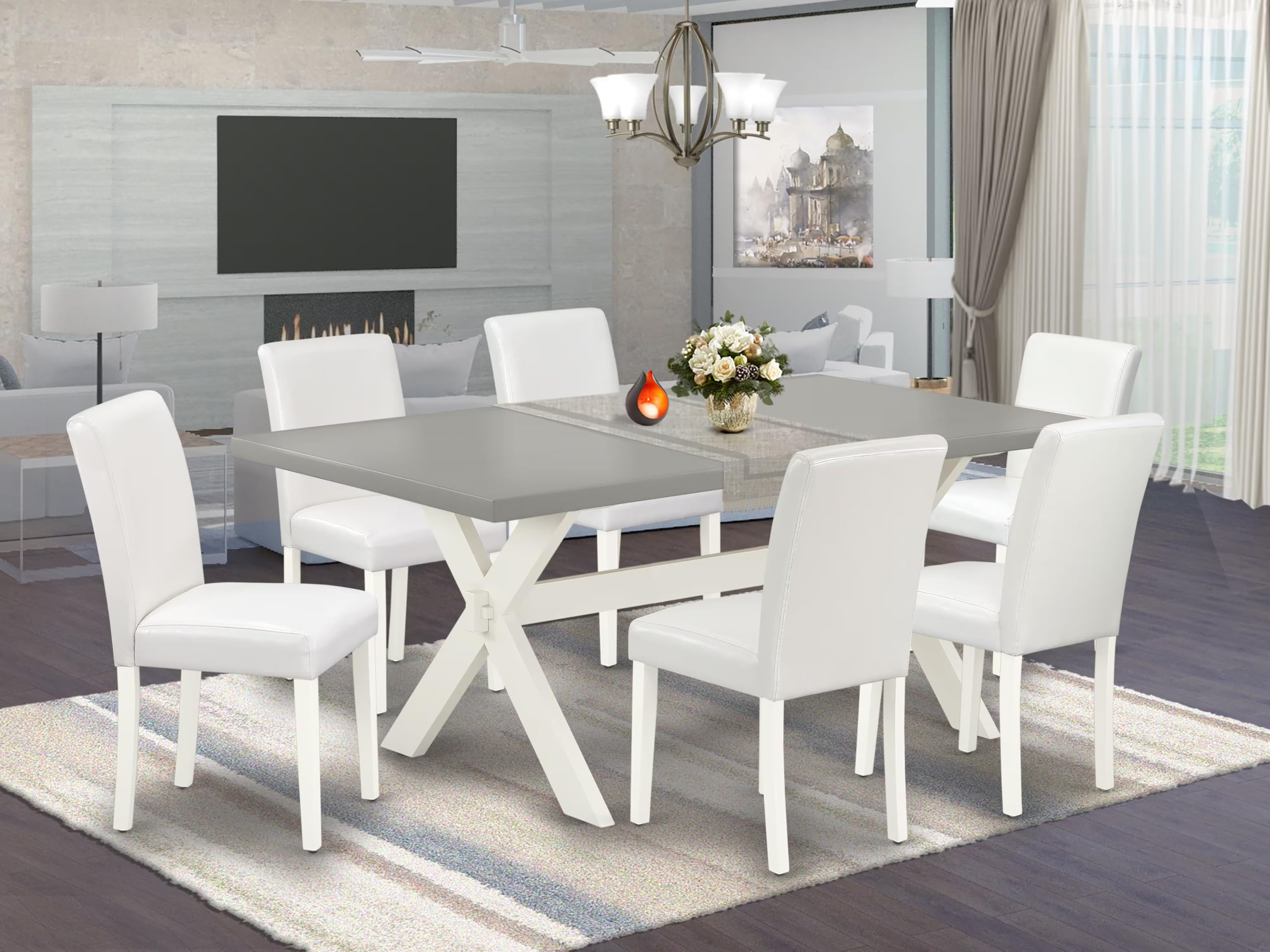 East West Furniture X097Ab264-7 7 Piece Dining Table Set Consist Of A Rectangle Dining Room Table With X-Legs And 6 White Faux Leather Upholstered Chairs, 40X72 Inch, Multi-Color