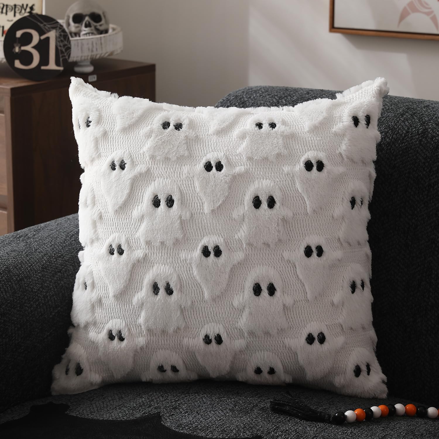 Dfxsz Halloween Pillow Covers 16X16 Inch Set Of 2 White Ghost Throw Pillow Cases Soft Plush Faux Fur Wool Couch Cushion Case For Chair Sofa Bedroom Living Room Home Decor Ptk03A16