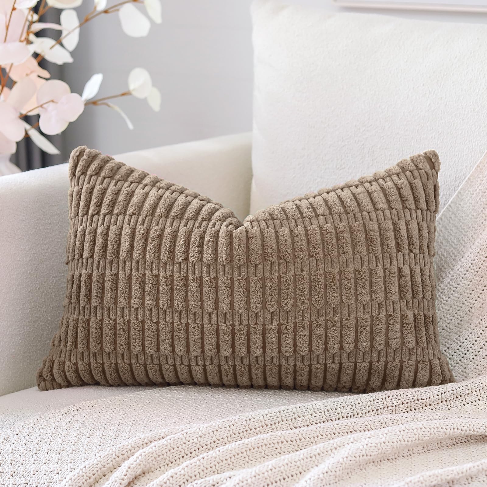 Otostar Corduroy Decorative Throw Pillow Covers 12X20 Inch Super Soft Boho Striped Rectangle Pillow Covers Case Modern Cushion Covers For Sofa Couch Bedroom Car Decor Brown