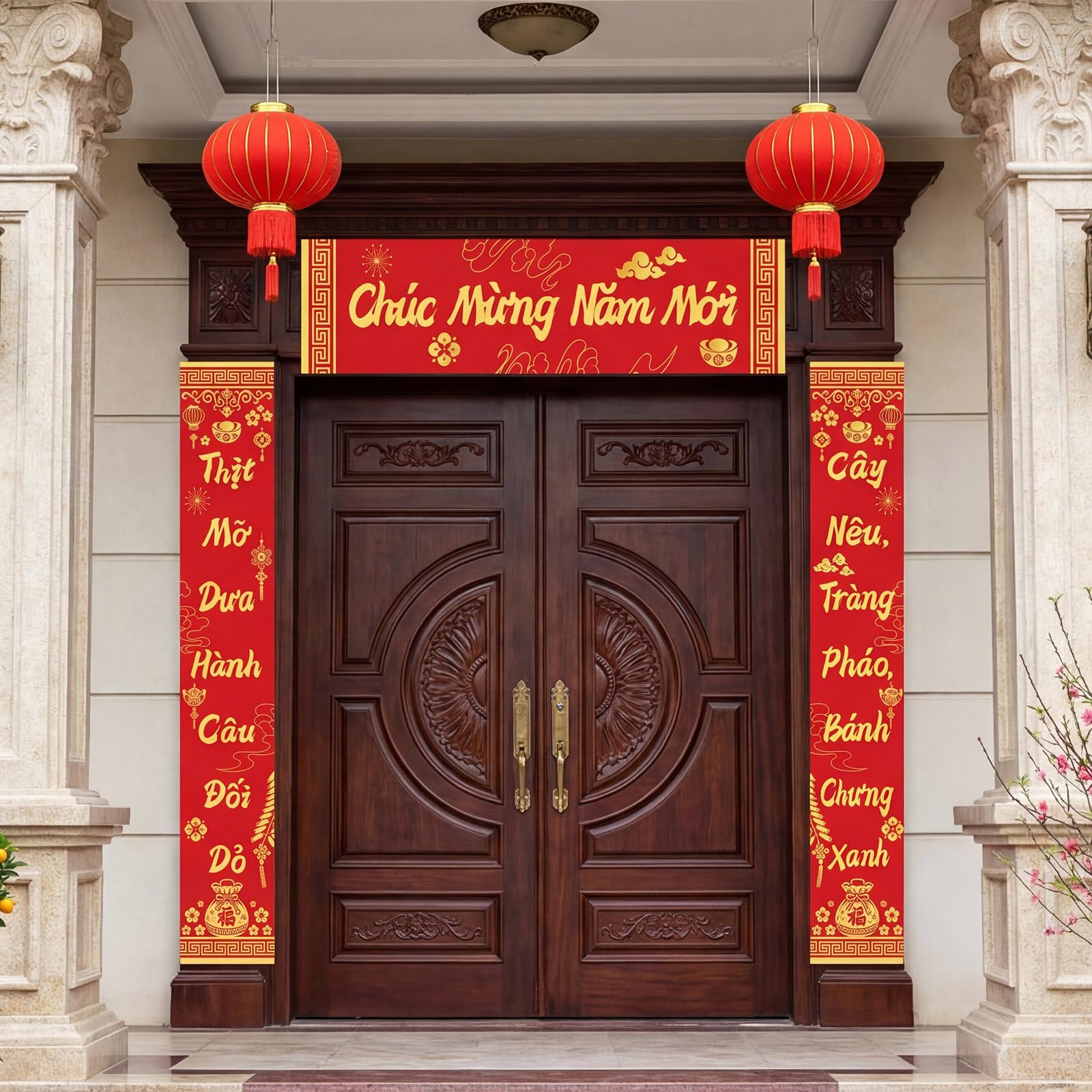 Hahafelt 6FT Vietnamese Lunar New Year Tet Couplet Set, Large Traditional Lunar New Year Decoration, Embroidered Spring Celebrat