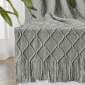 Inhand Knitted Throw Blankets For Couch And Bed, Soft Cozy Knit Blanket With Tassel, Light Grey Lightweight Decorative Blankets