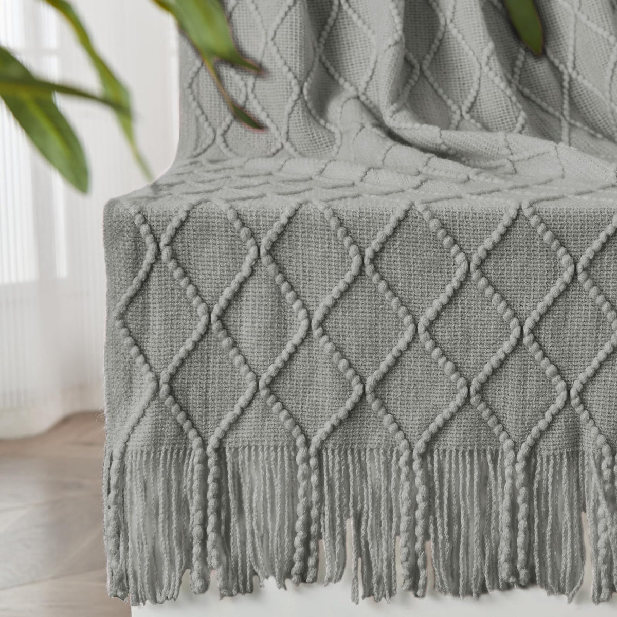 Inhand Knitted Throw Blankets For Couch And Bed, Soft Cozy Knit Blanket With Tassel, Light Grey Lightweight Decorative Blankets