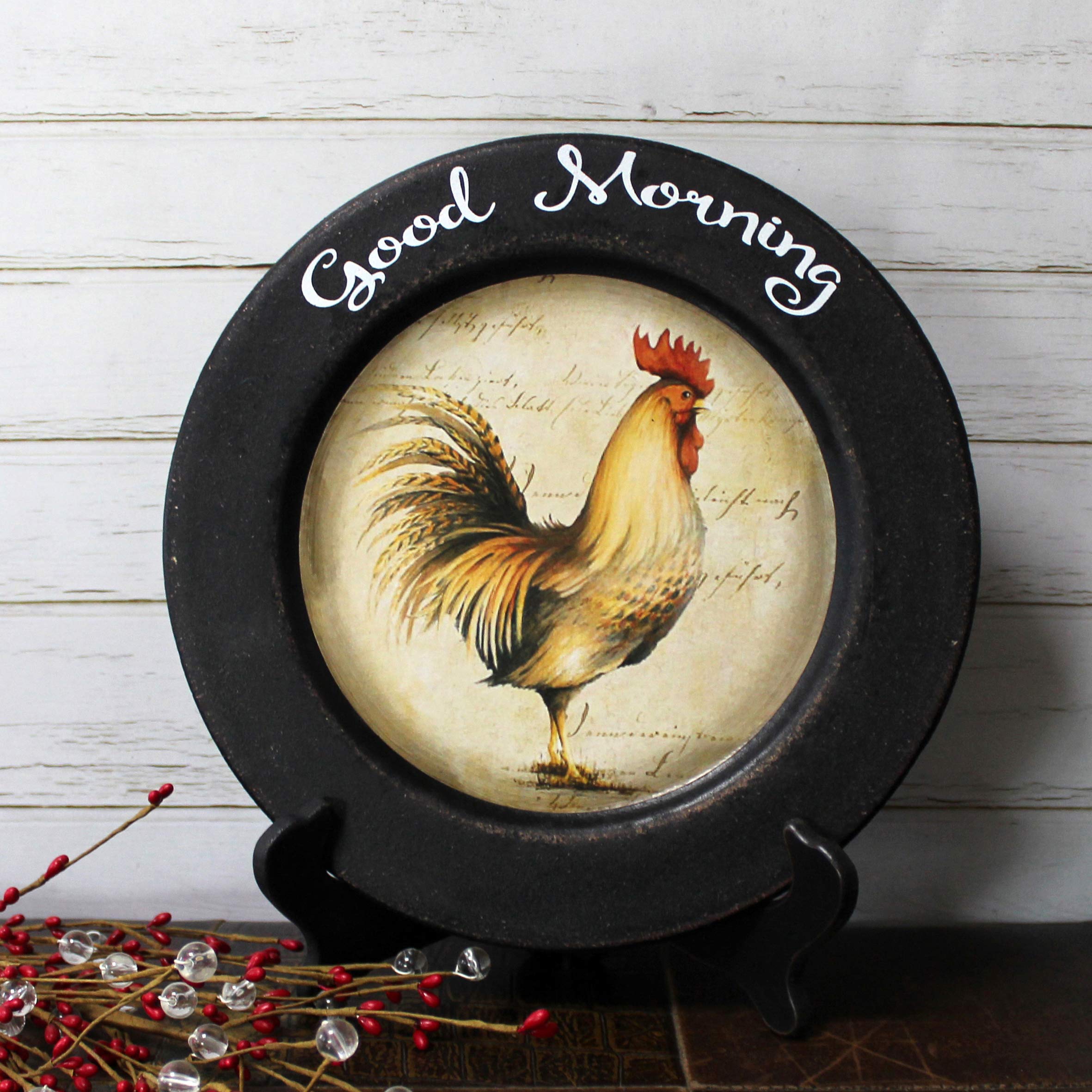 Cvhomedeco. Rooster Decorative Plate Country Distressed Round Display Wooden Plate Home D  Cor Art, 11-1/4 Inch