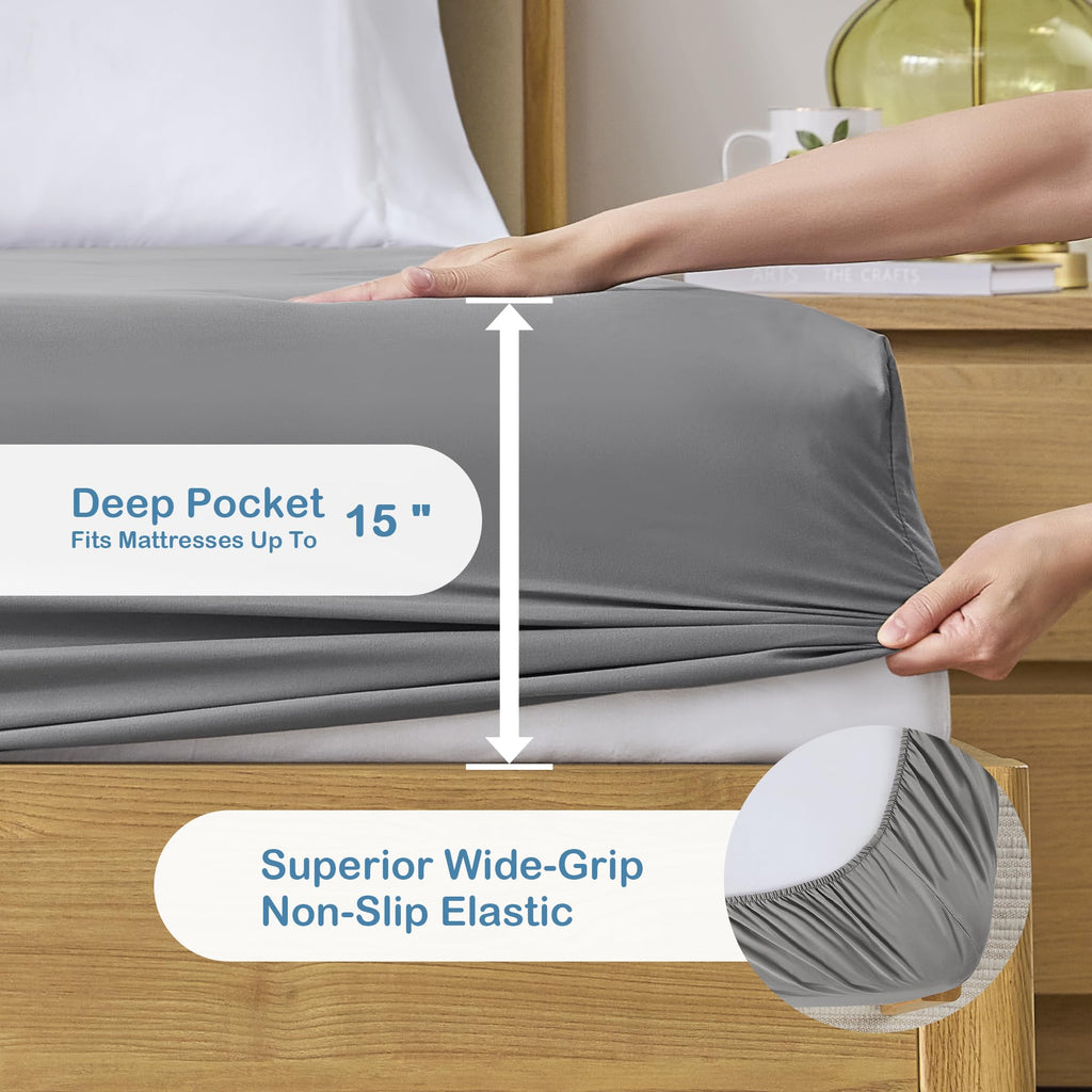 Degrees Of Comfort Coolmax Cooling Fitted Sheet Only, Queen Size Bed Soft Sheets For Hot Sleepers, Up To 15' Deep Pocket, All Around Elastic, Wrinkle Free, Fade Stain Resistant, Grey 1Pc