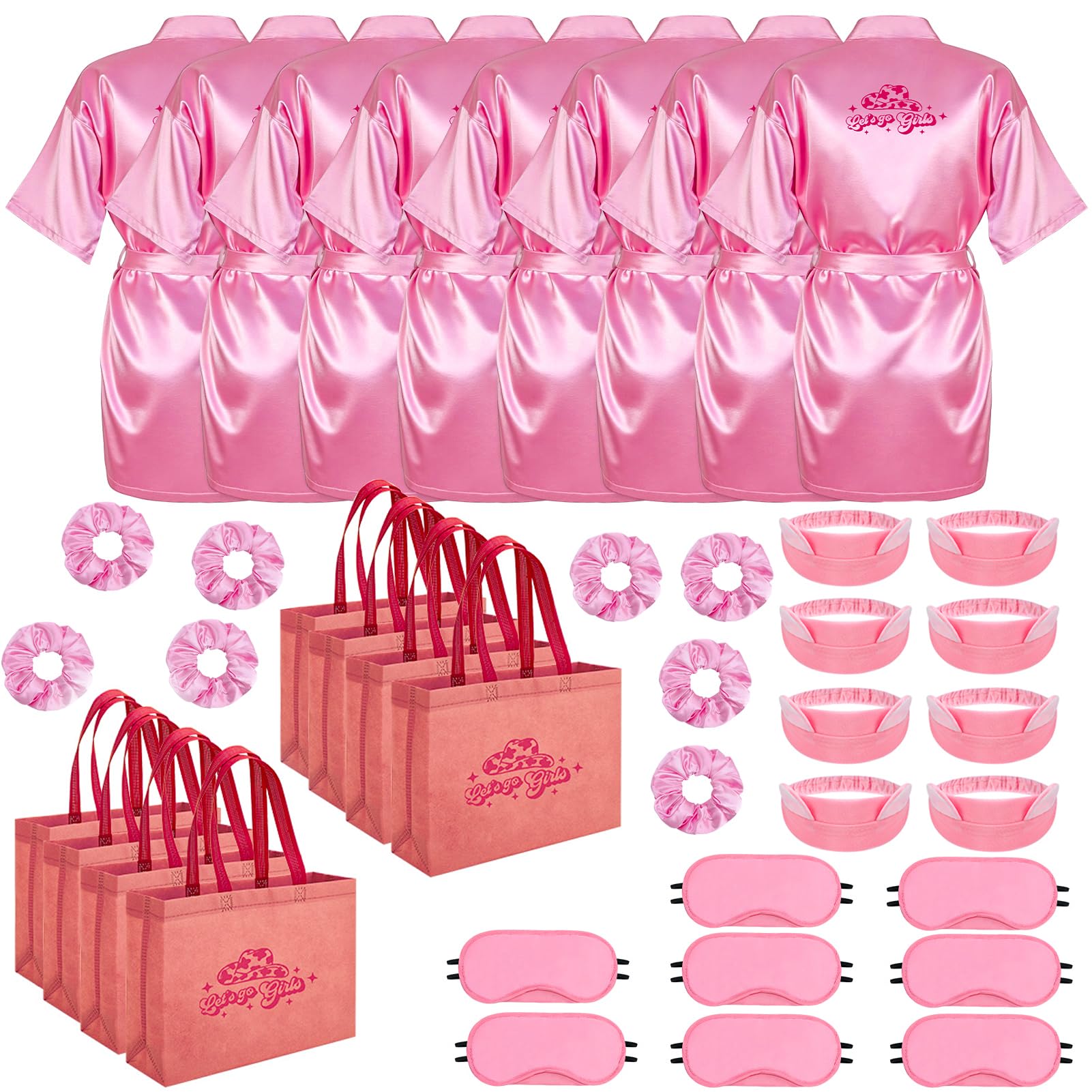 ZhouBoat Cowgirl Spa Party Supplies for Girls, 8 Set Kids Pink Satin Robes, Plush Headbands, Tote Bags, Eye Masks Hair Scrunchie
