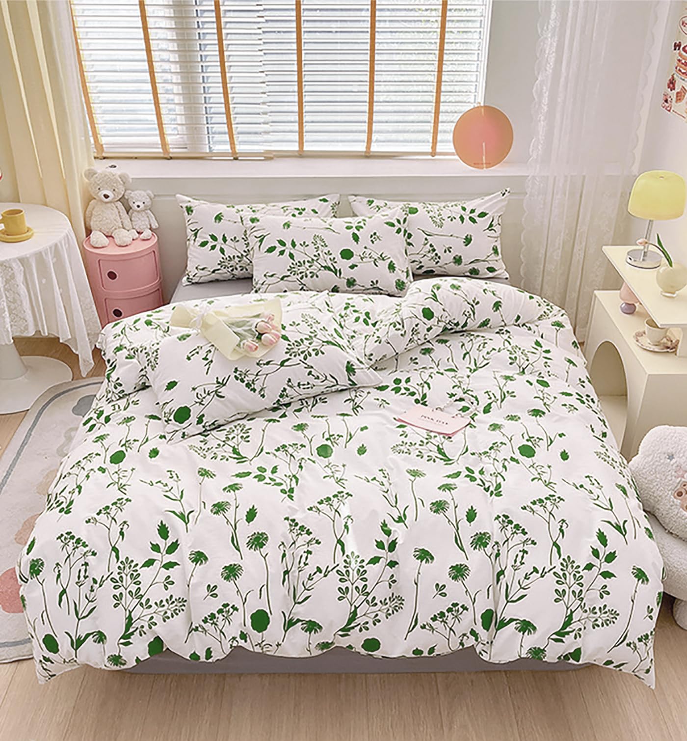 Karever Sage Botanical Comforter Queen White Green Floral Plant Bedding Comforter Set Girls Garden Pattern Printed On White Blan