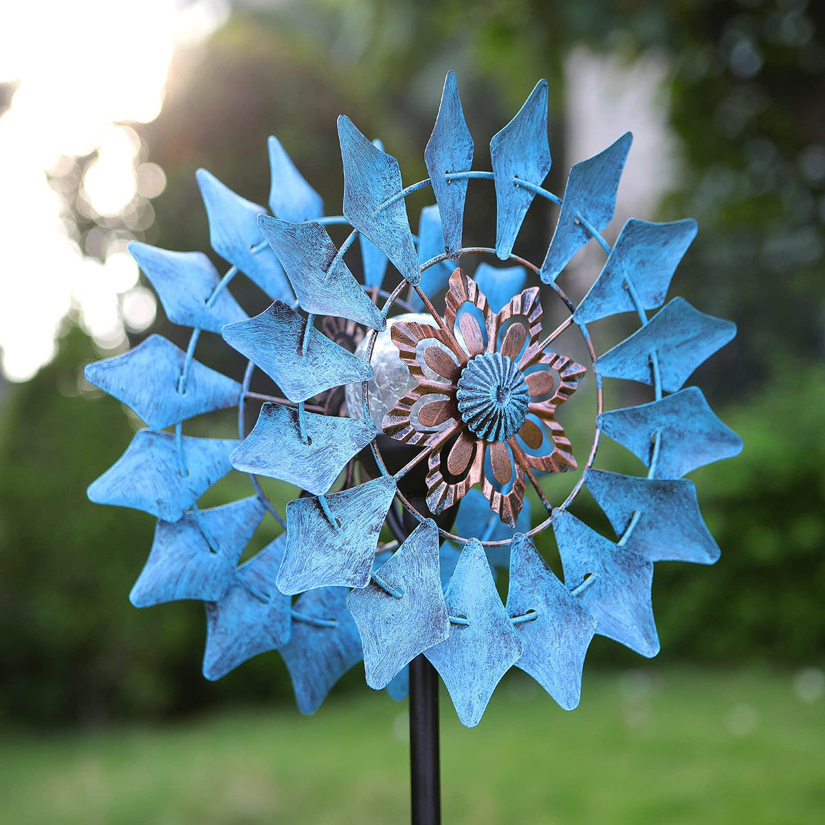 Solar Wind Spinner Azure 360 Degrees Rotate With Multicolor Crackle Glass Globe Led Light Kinetic Dual Direction Wind Spinner Fo