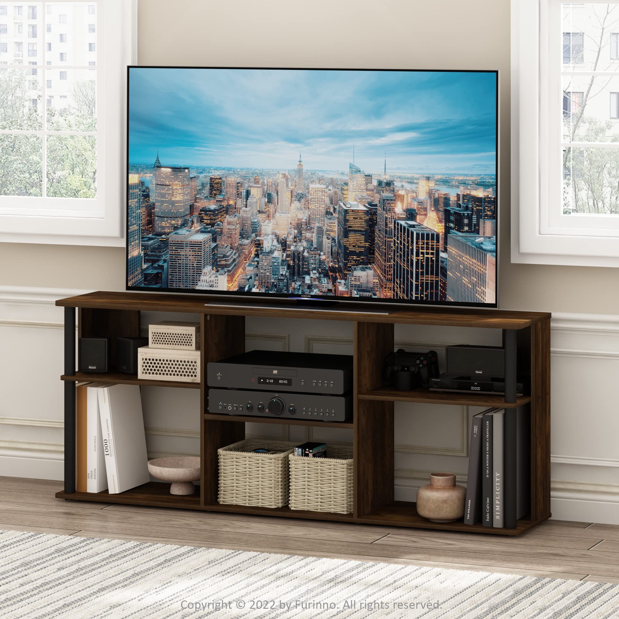 Furinno Classic Stand With Plastic Poles For Tv Up To 65-Inch, Amber Pine/Black