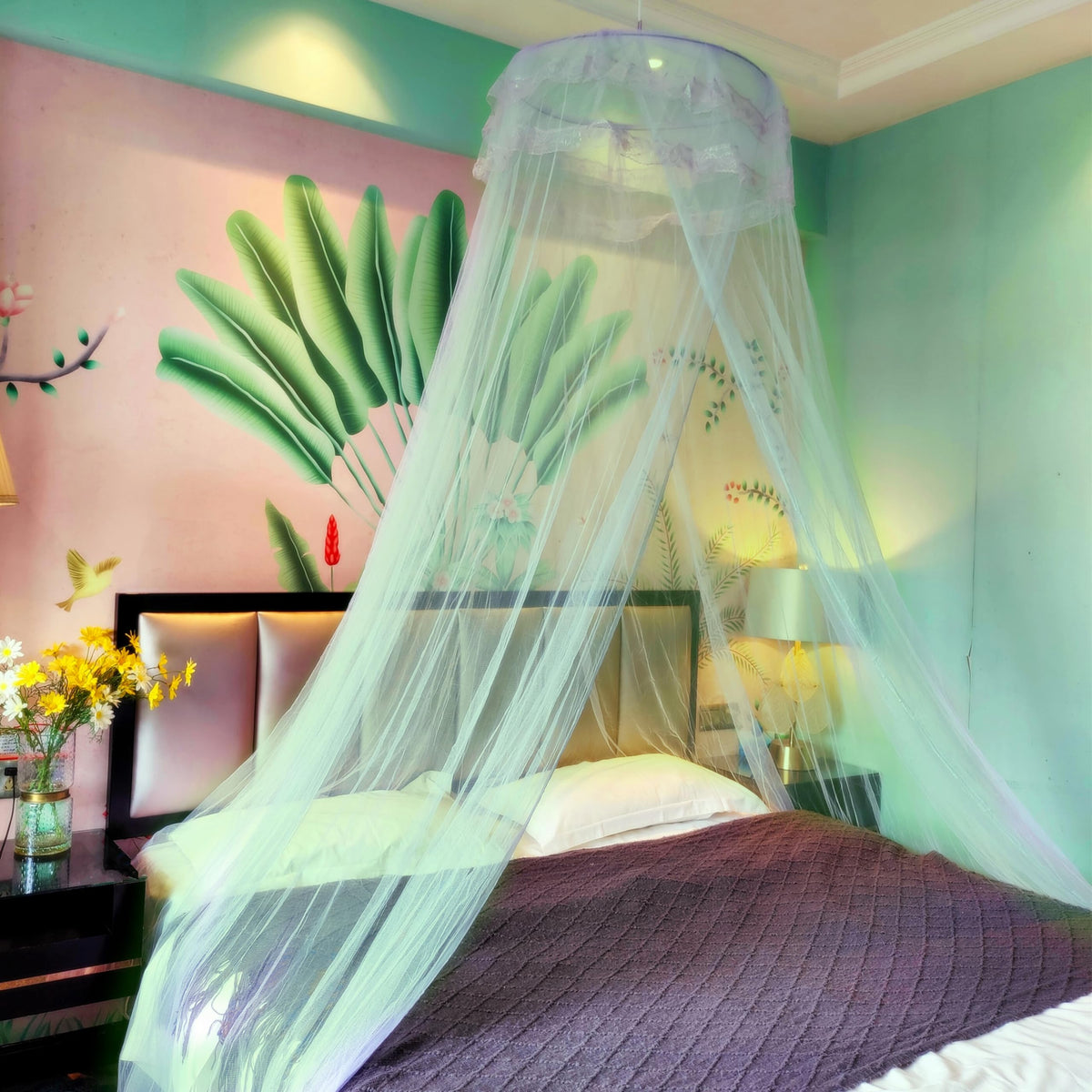 Eimilaly Lace Bed Canopy Mosquito Netting, Princess Bed Canopy For Girls Room Decor, Green/Single Door