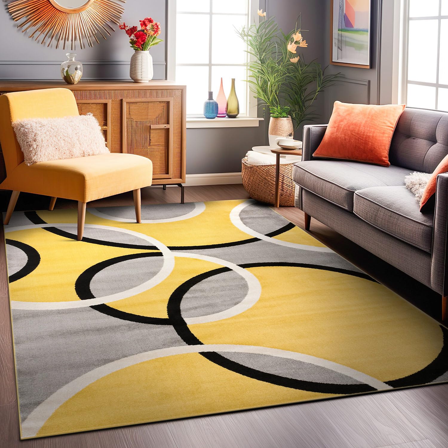 Rugshop Contemporary Abstract Circles Easy Maintenance for Home Office,Living Room,Bedroom,Kitchen Soft Area Rug 66 x 9 Yellow