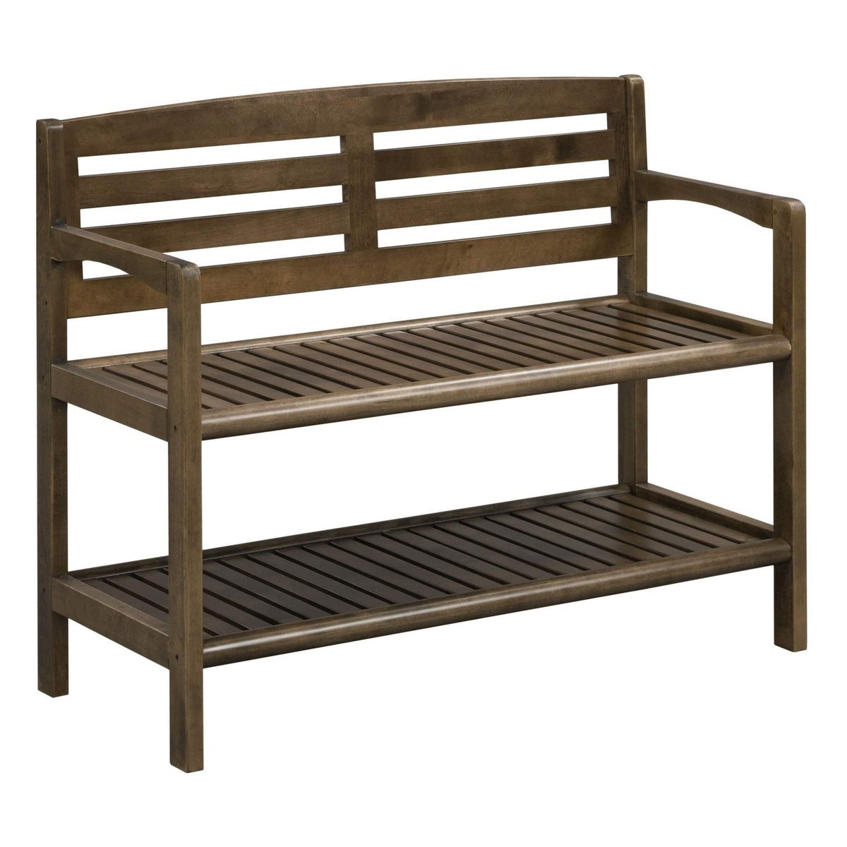 HomeRoots Chestnut Finish Solid Wood Slat Bench with High Back and Shelf