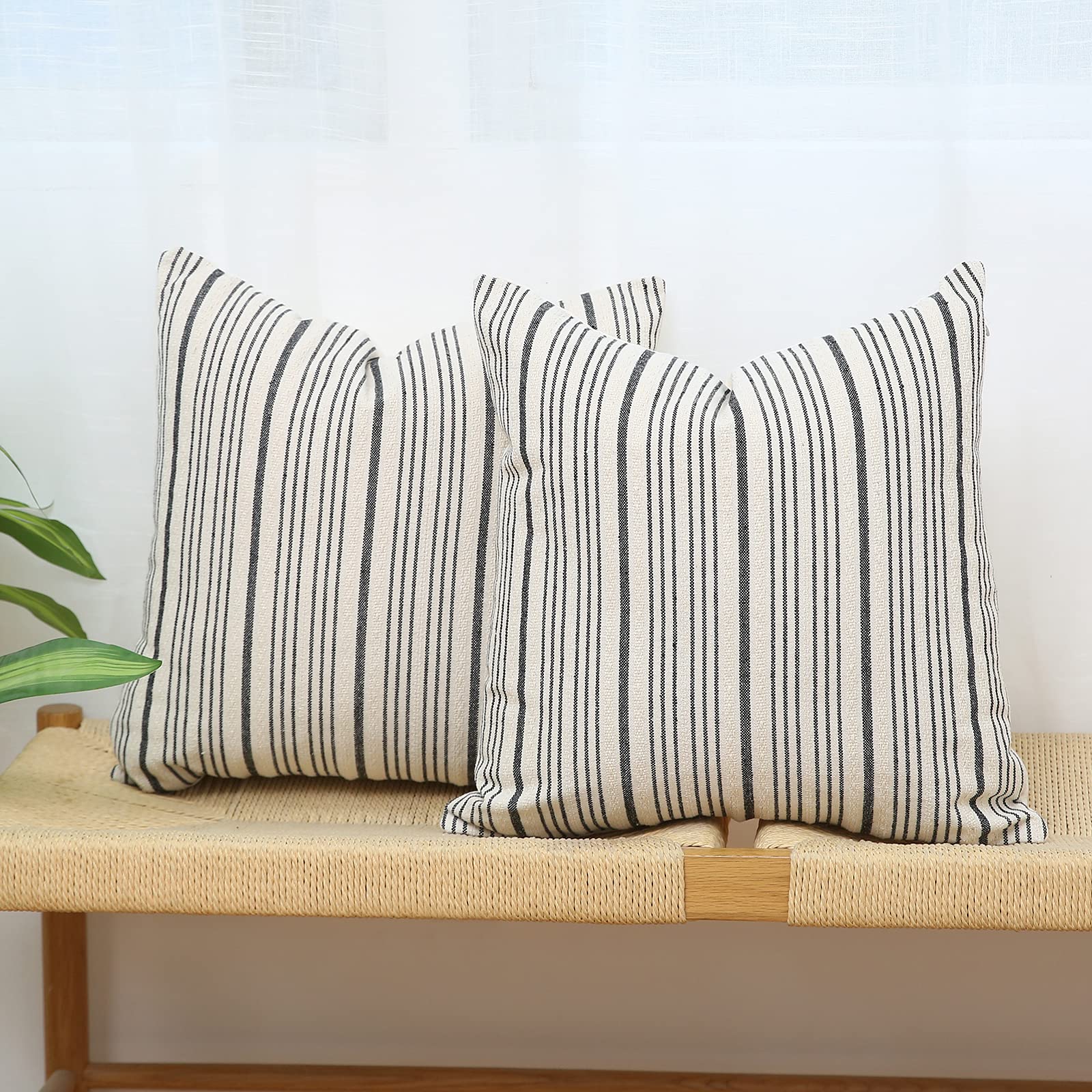 Kiuree Black And Beige Farmhouse Throw Pillow Covers 16 X 16, Modern Accent Square Decorative Pillow Case, Set Of 2 Stripes Text