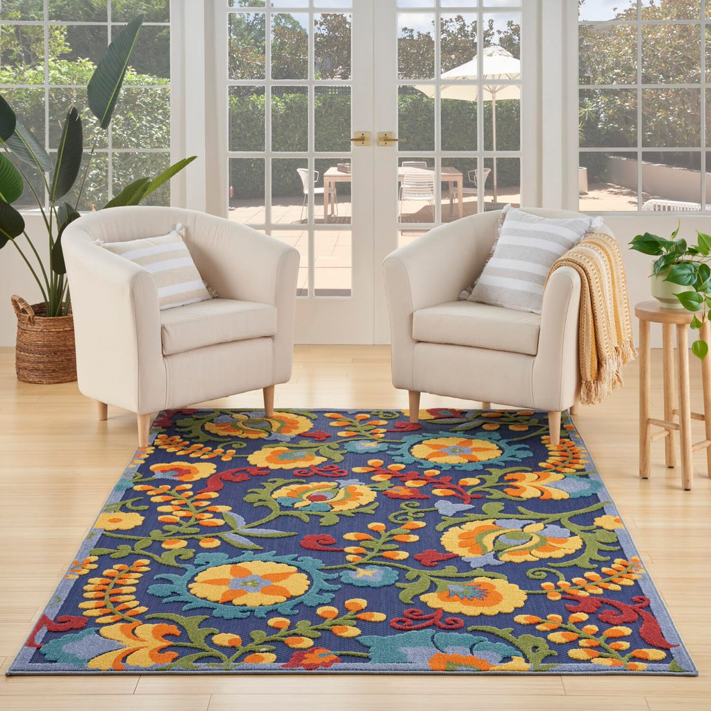 Nourison Aloha Indoor/Outdoor Modern Navy Multicolor 3'6' X 5'6' Area Rug, Easy Cleaning, Non Shedding, Bed Room, Living Room, Dining Room, Backyard, Deck, Patio (4X6)