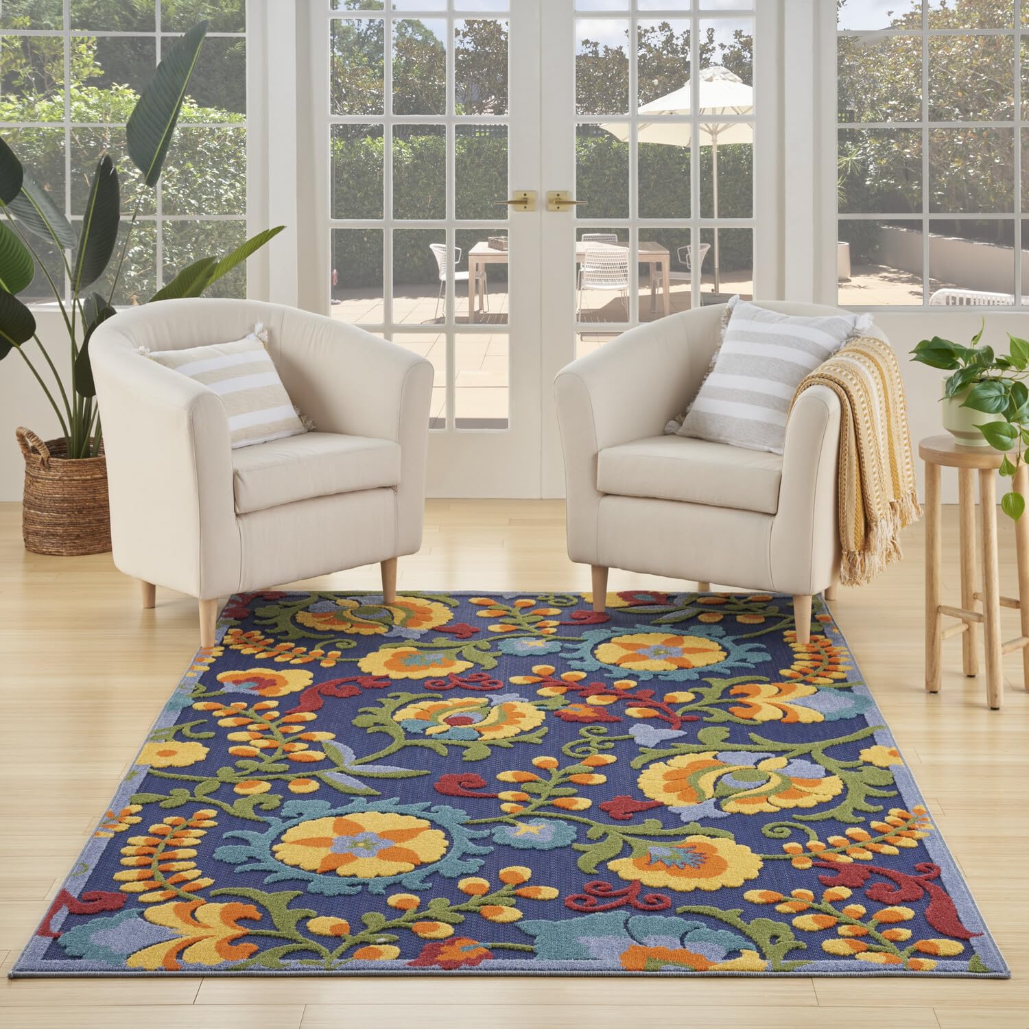 Nourison Aloha Indoor/Outdoor Modern Navy Multicolor 3'6' X 5'6' Area Rug, Easy Cleaning, Non Shedding, Bed Room, Living Room, Dining Room, Backyard, Deck, Patio (4X6)