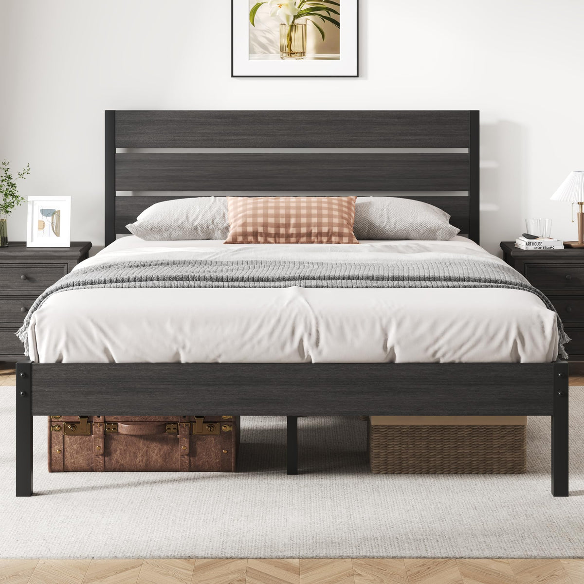 Fluest Queen Bed Frame With Headboard And Footboard, Metal Platform Bed Frame With Under Bed Storage, All-Metal Support System, No Box Spring Needed, Easy Assembly,Rustic Grey