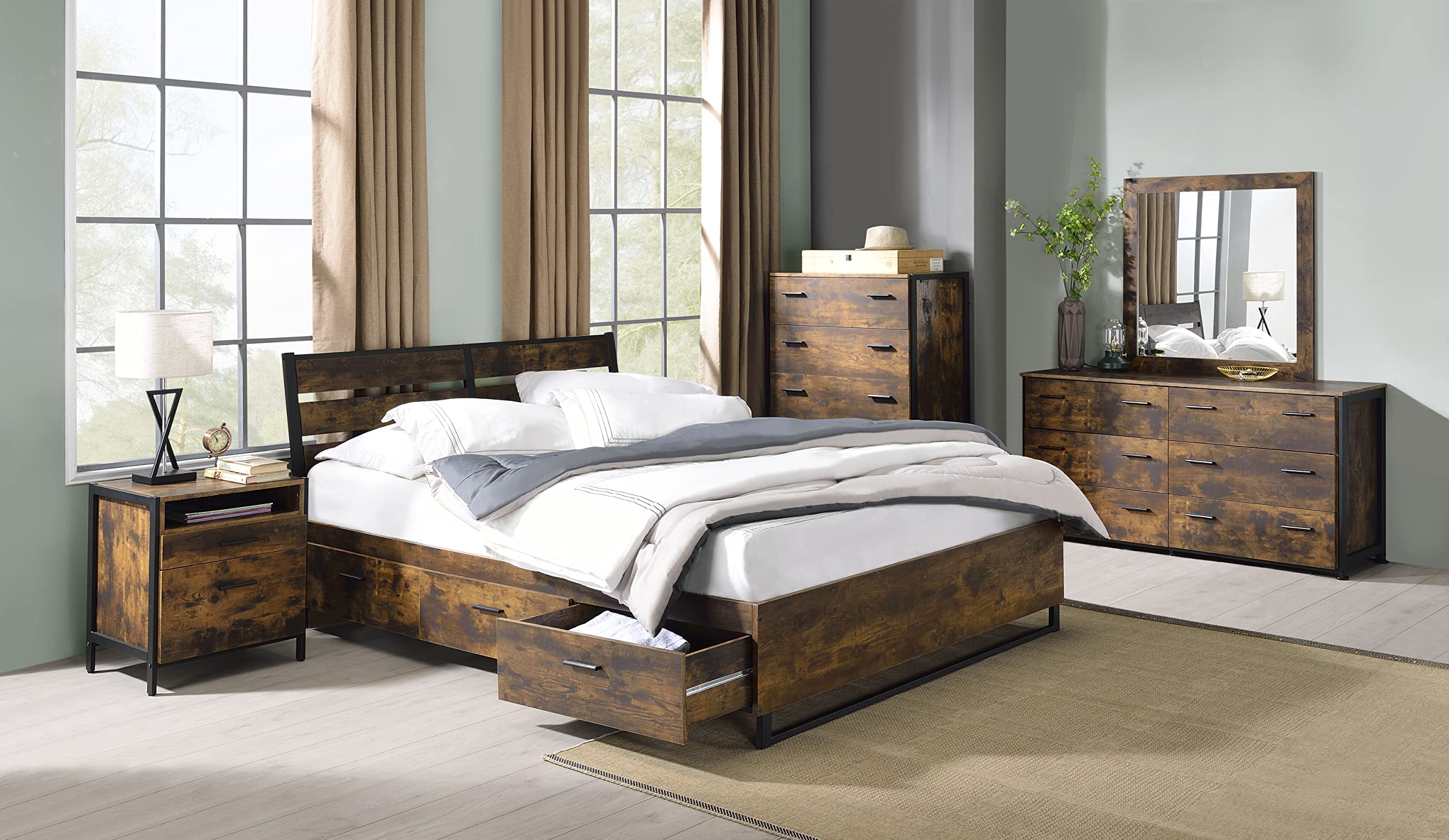 Acme Juvanth Eastern King Wooden Bed with Storage in Oak and Black