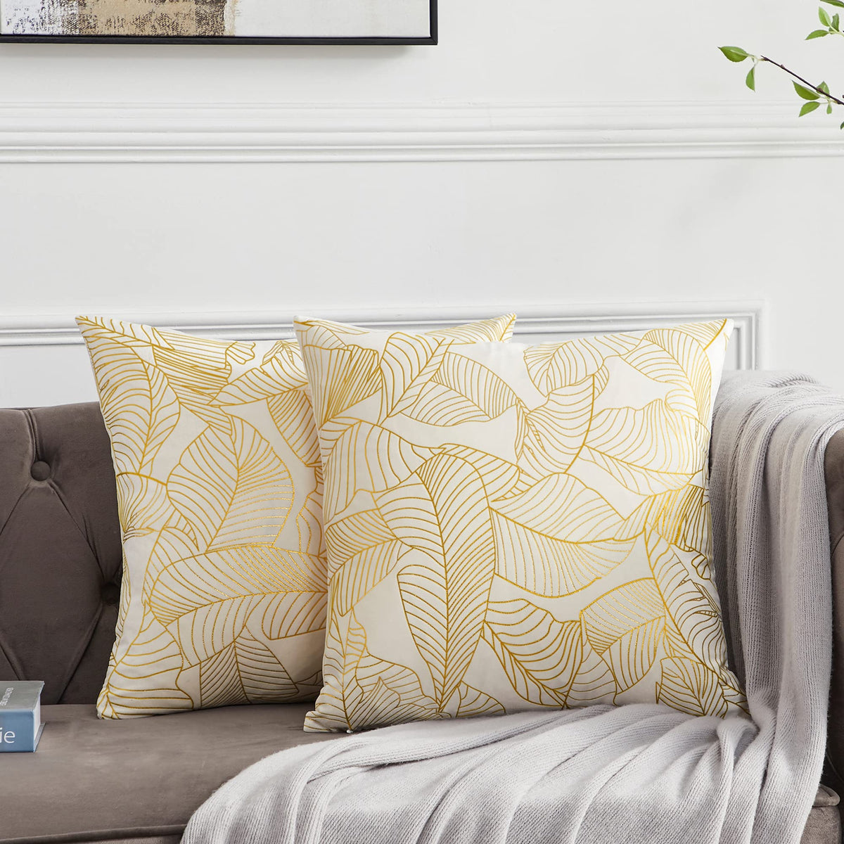 Gigizaza White Decorative Throw Pillow Covers, 16X16 Ivory Gold Leaves Couch Pillow Covers,Fall Cushion Covers For Sofa, Pack Of