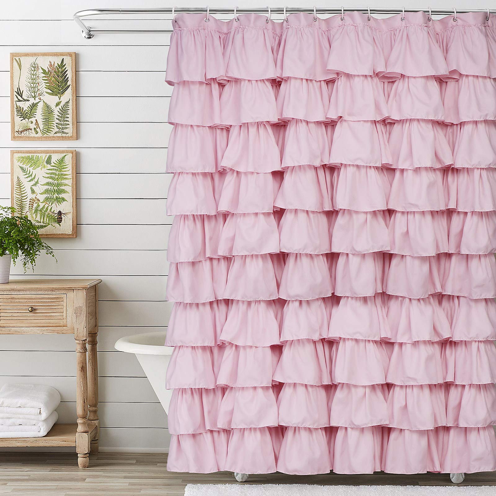 Volens Pink Ruffle Shower Curtain Farmhouse/Rustic Fabric Cloth Shower Curtains For Bathroom, 72' X 72'