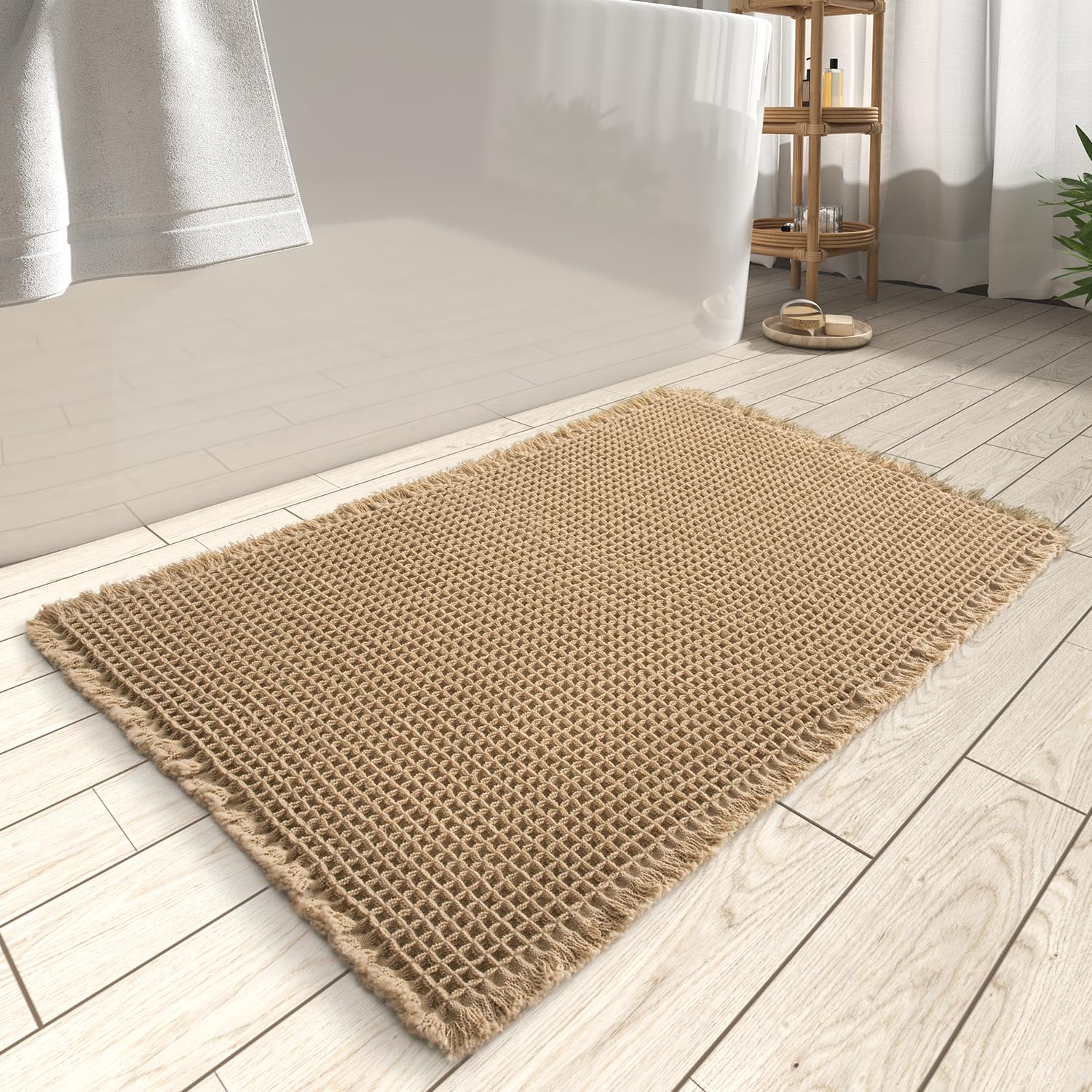 AMOAMI Upgraded Waffle Bath Mat, Super Absorbent Non Slip Bath Mats for Bathroom Floor, Machine Washable Bathroom Rugs with Tass