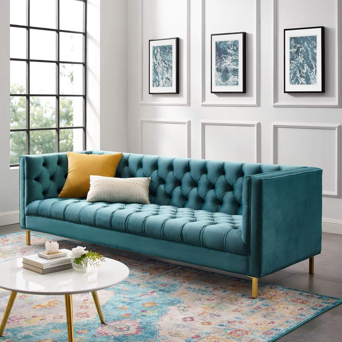 Modway Delight Tufted Button Performance Velvet Tuxedo Sofa With Gold Stainless Steel Legs In Sea
