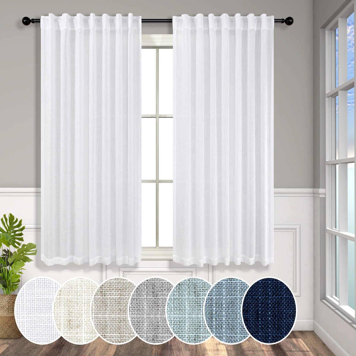 Solid White Curtains 54 Inch Length For Bathroom 2 Panels Set Rod Pocket Back Tab Linen Organic Look Light Filtering Semi Sheer