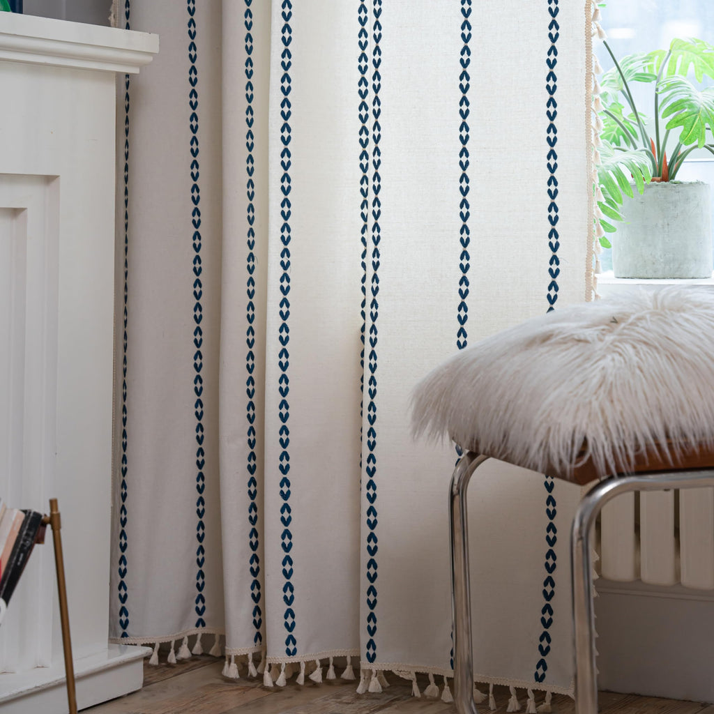 Sutuo Home Boho Curtains 90 Inches For Bedroom Living Room, Semi Blackout Farmhouse Vintage Tassels Window Treatment Bohemian Embroidery Drape, Rod Pocket 1 Panel 52' W X 90' L, White And Navy Blue