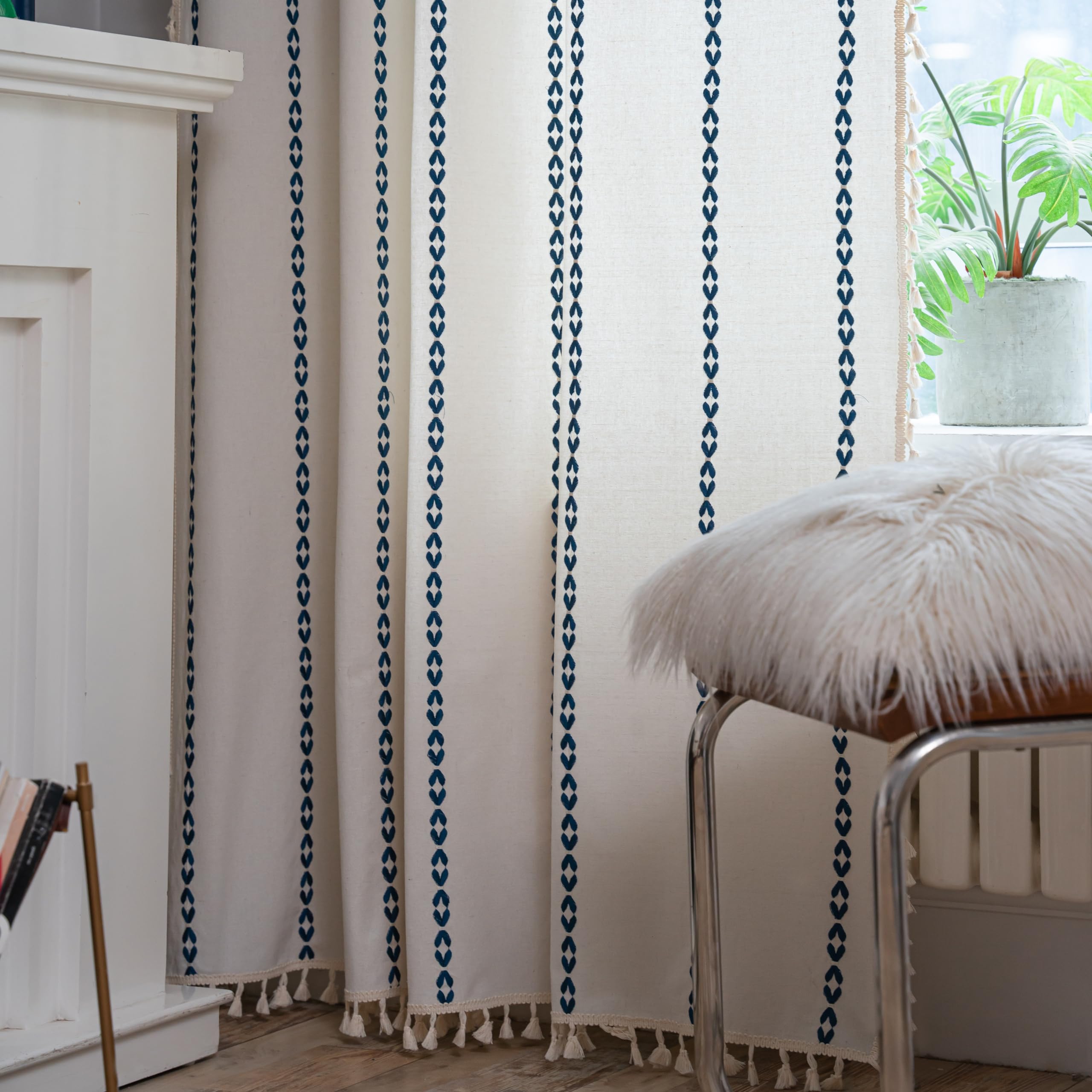 Sutuo Home Boho Curtains 90 Inches For Bedroom Living Room, Semi Blackout Farmhouse Vintage Tassels Window Treatment Bohemian Embroidery Drape, Rod Pocket 1 Panel 52' W X 90' L, White And Navy Blue