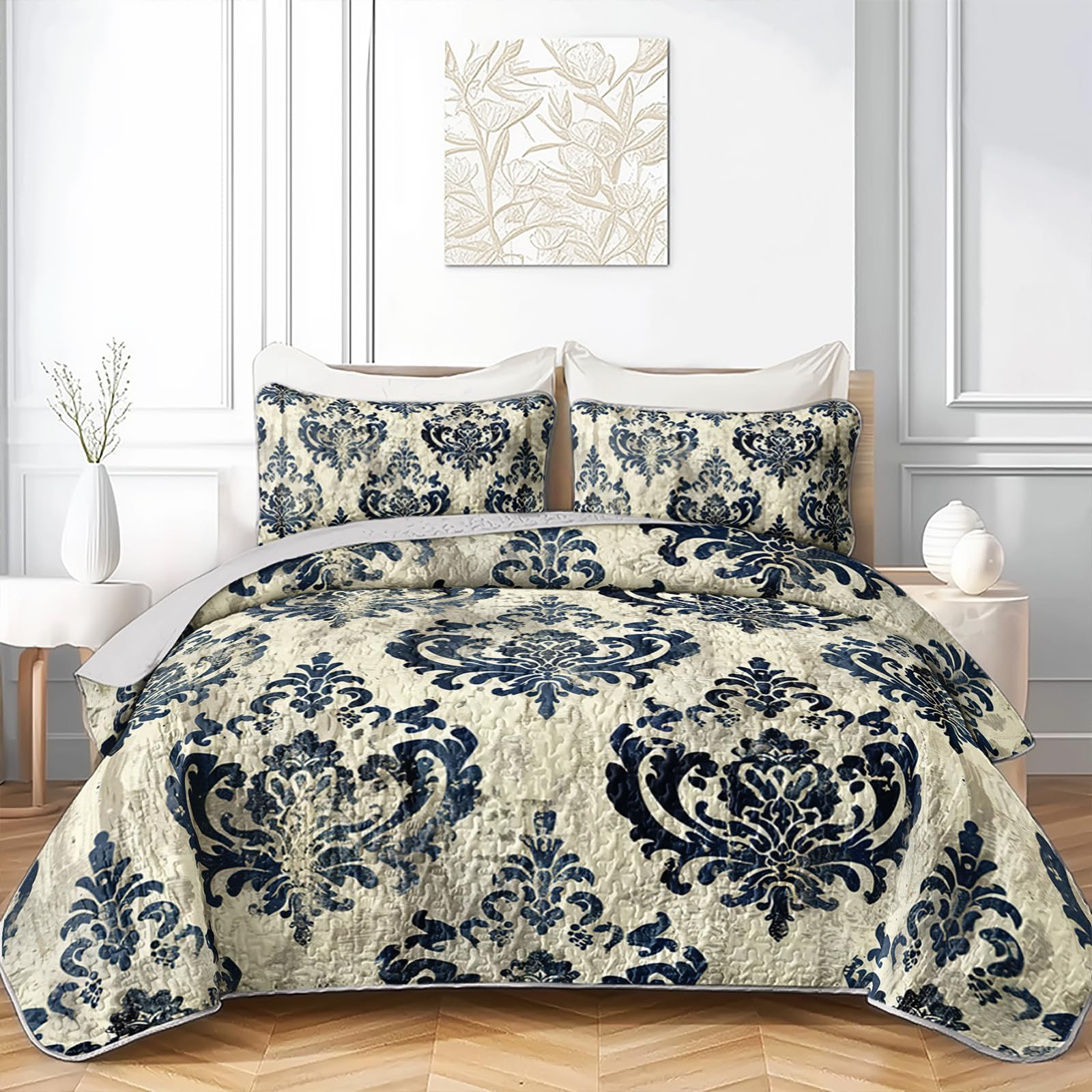 Axolotl Boho Baroque Quilt Bedding Set Full Size,Vintage Bedspread Coverlet For Adults Women,Elegant Floral Bed Cover For Men,3P