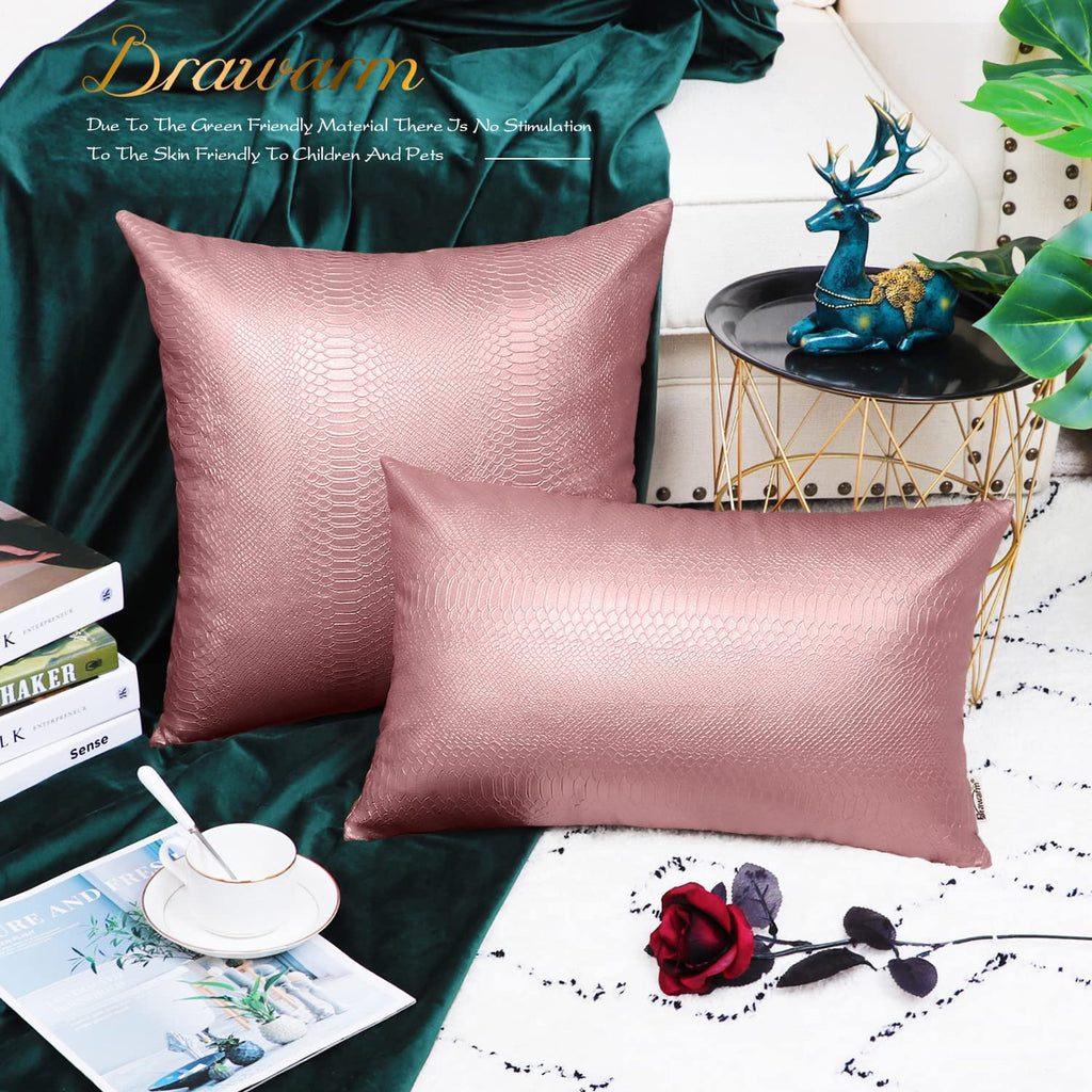 Brawarm Rose Gold Leather Throw Pillows 12 X 20 Inches, Snake Leather Pillow Covers Pack Of 2, Faux Leather Decorative Lumbar Pi