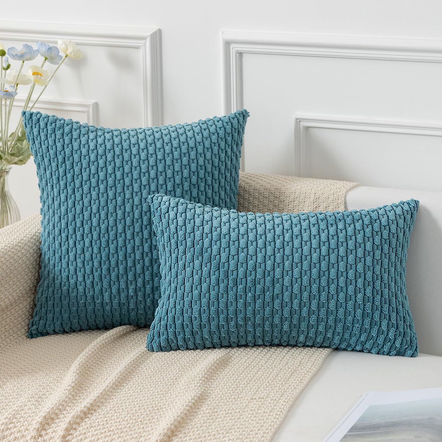 Kevin Textile Throw Pillow Covers Soft Corduroy Decorative Set Of 2 Boho Striped Pillow Covers Pillowcases Farmhouse Home Decor For Couch Bed Sofa Living Room 24X24 Inch Light Blue