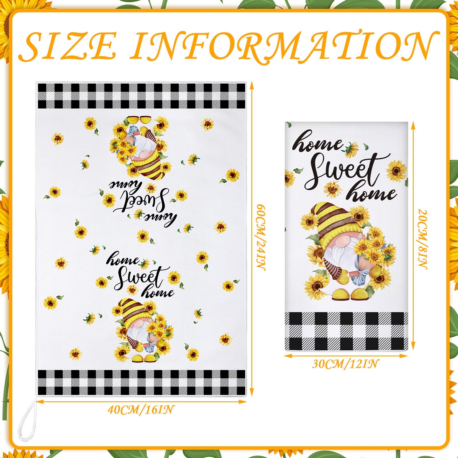 Kajaia 4 Pcs Bee Sunflower Kitchen Towels Summer Gnome Dish Towels Watermelon Lemon Tea Towels Sunshine Hand Towels Absorbent Pl