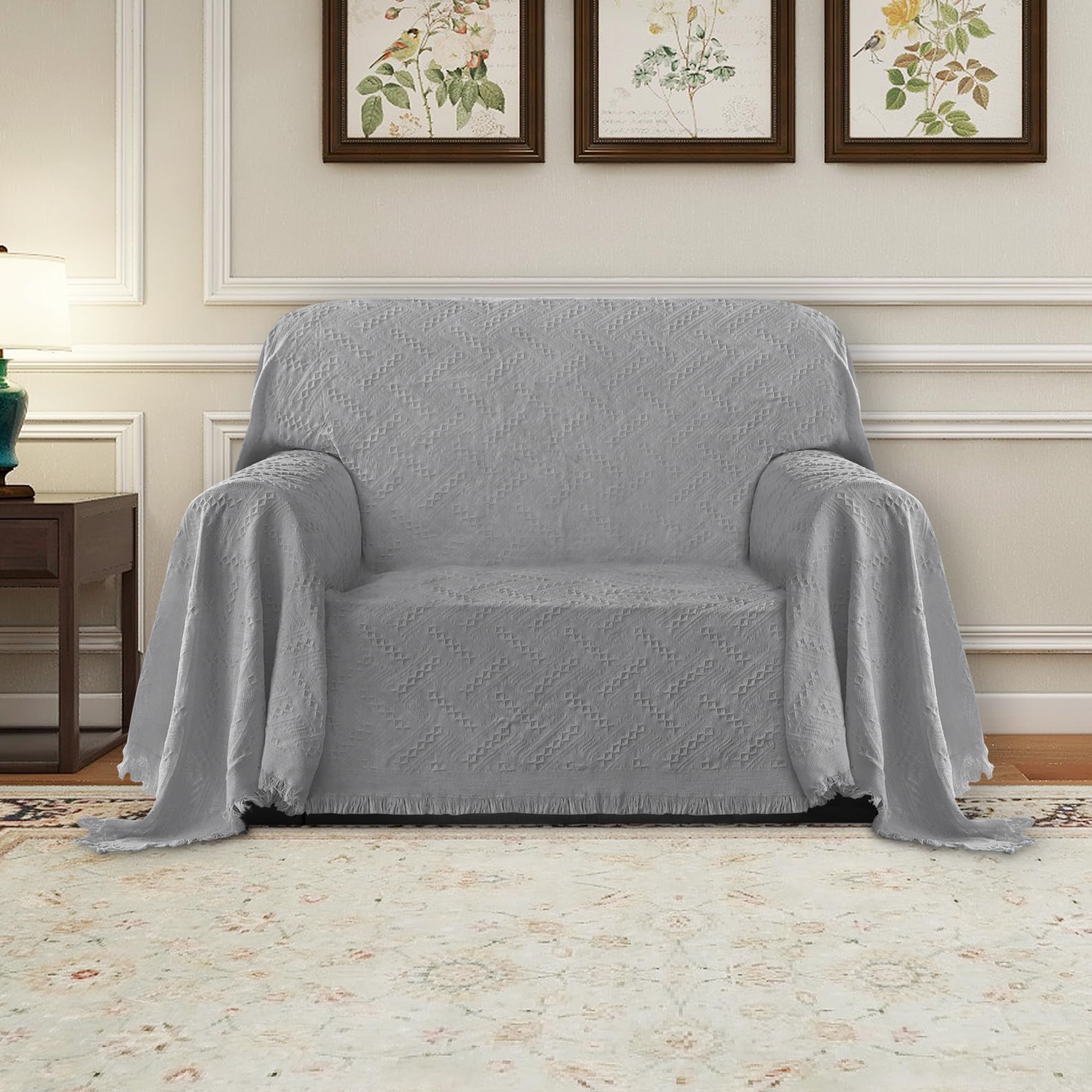 Purefit Geometric Jacquard Throw Sofa Cover - Textured Soft Washable Decorative Couch Covers For 3 Cushion Couch, Throw Cover With Tassels Furniture Protector For Pets, Kids (Small, Light Gray)