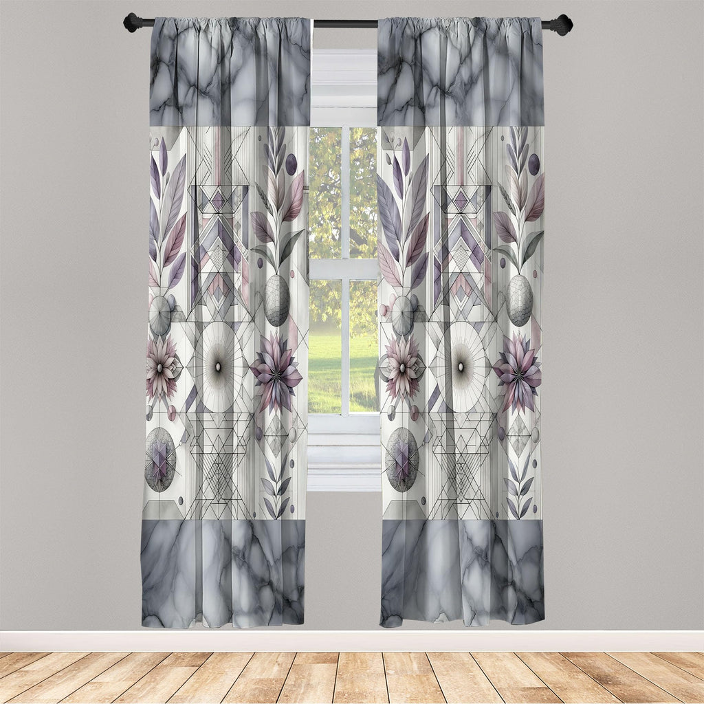 Ambesonne Geometric Floral Window Curtains, Classic Marble Print Ornate Leafy Flowers And Futurist Stripes, Lightweight Decor 2-