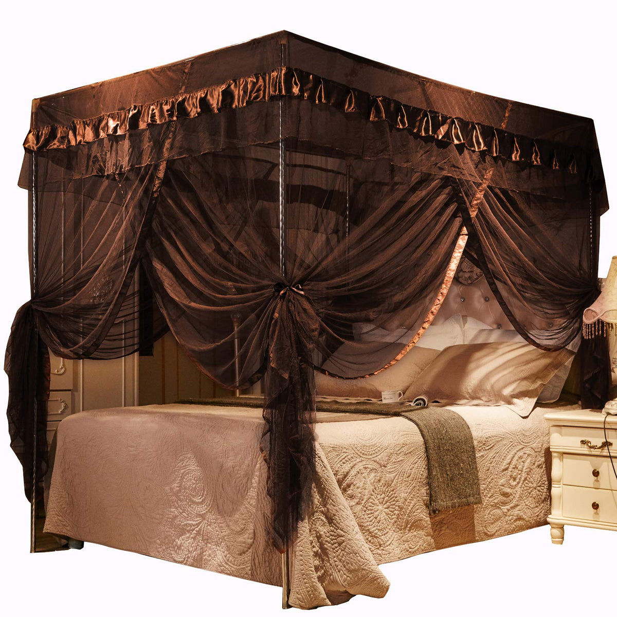 Mengersi 4 Corners Post Canopy Bed Curtains For Adults Bed Netting Bedroom Decoration (Queen, Coffee)