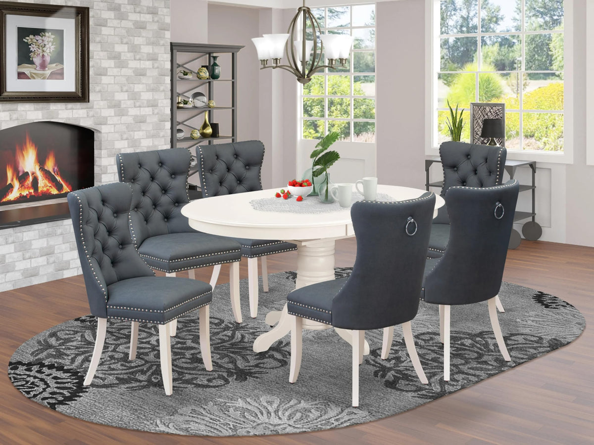 East West Furniture Avda7-Lwh-13 7 Piece Dining Set Contains An Oval Kitchen Table With Butterfly Leaf And 6 Upholstered Chairs, Linen White