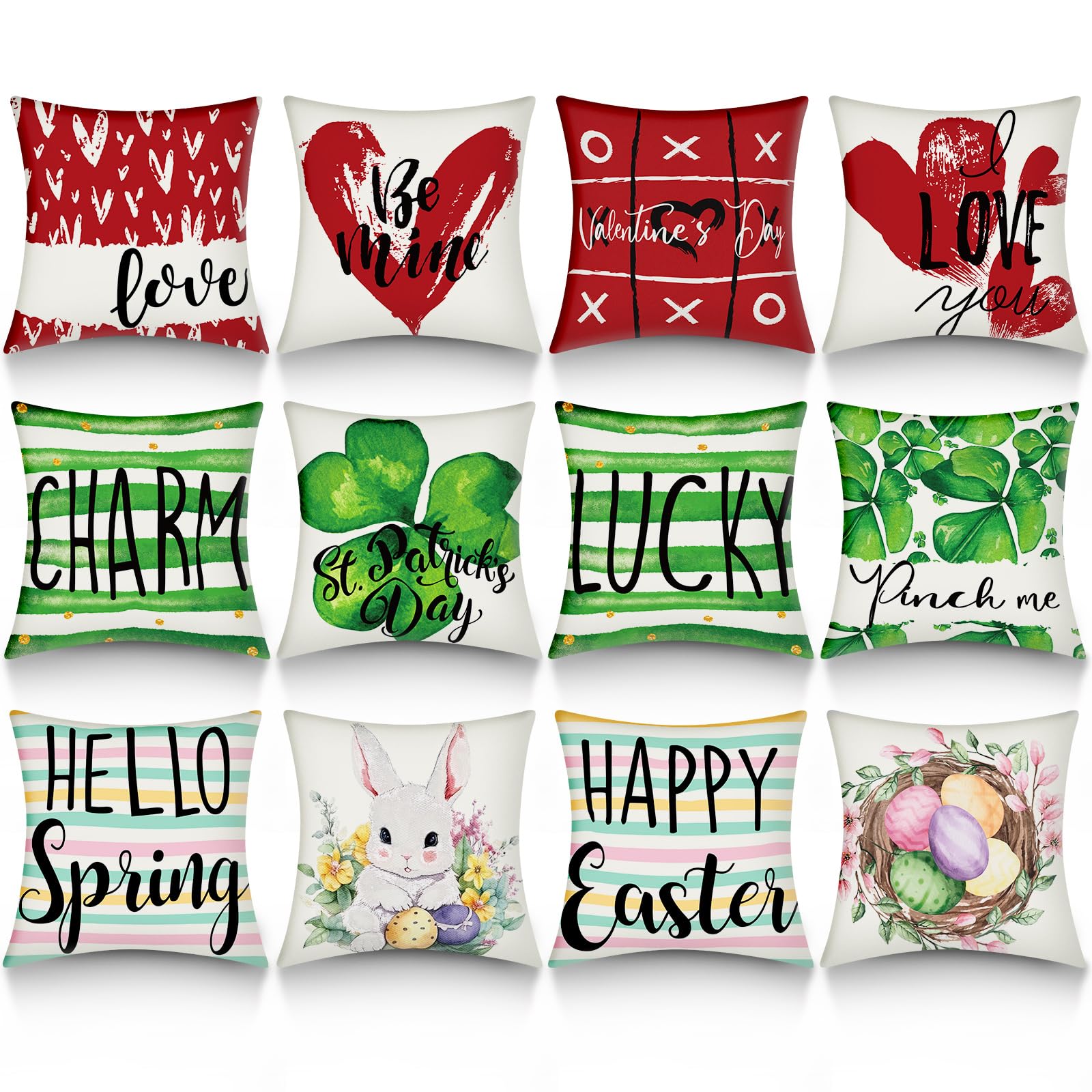 Vitalcozy 12 Set Valentine'S Day St. Patrick'S Day Easter Pillow Covers 18 X 18 Inch Holiday Throw Pillow Covers Heart Clover Bu